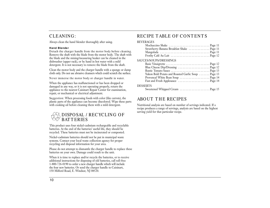 Cuisinart CSB-44N manual Cleaning, Disposal / Recycling of Batteries, Recipe Table of Contents, About the Recipes 