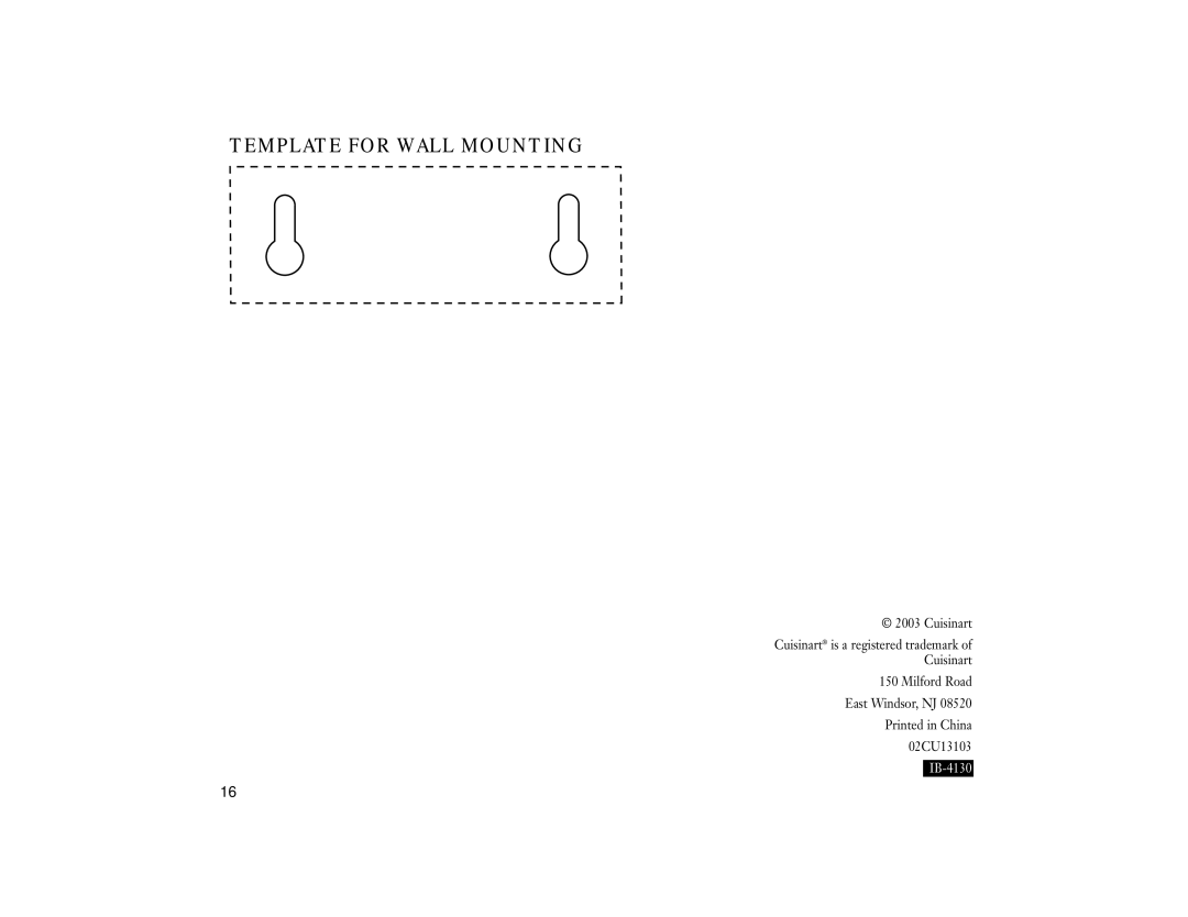 Cuisinart CSB-44N manual Template for Wall Mounting 