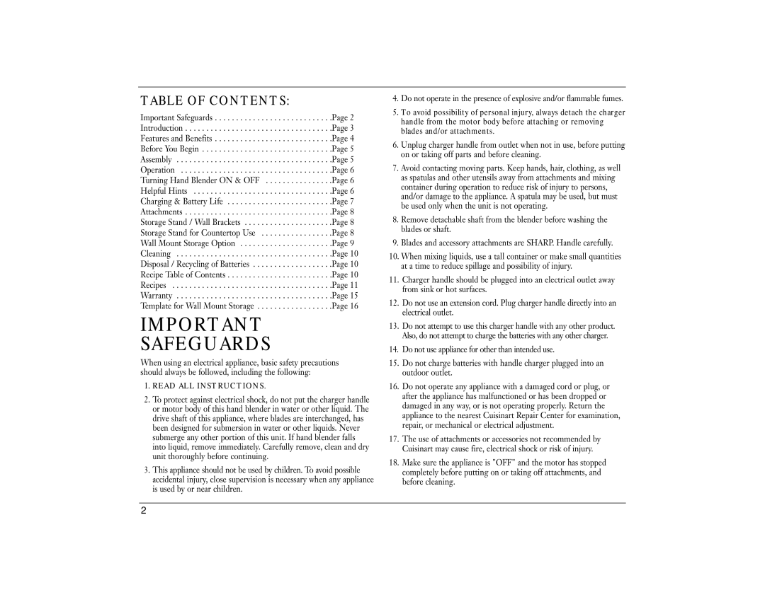 Cuisinart CSB-44N manual Safeguards, Table of Contents 