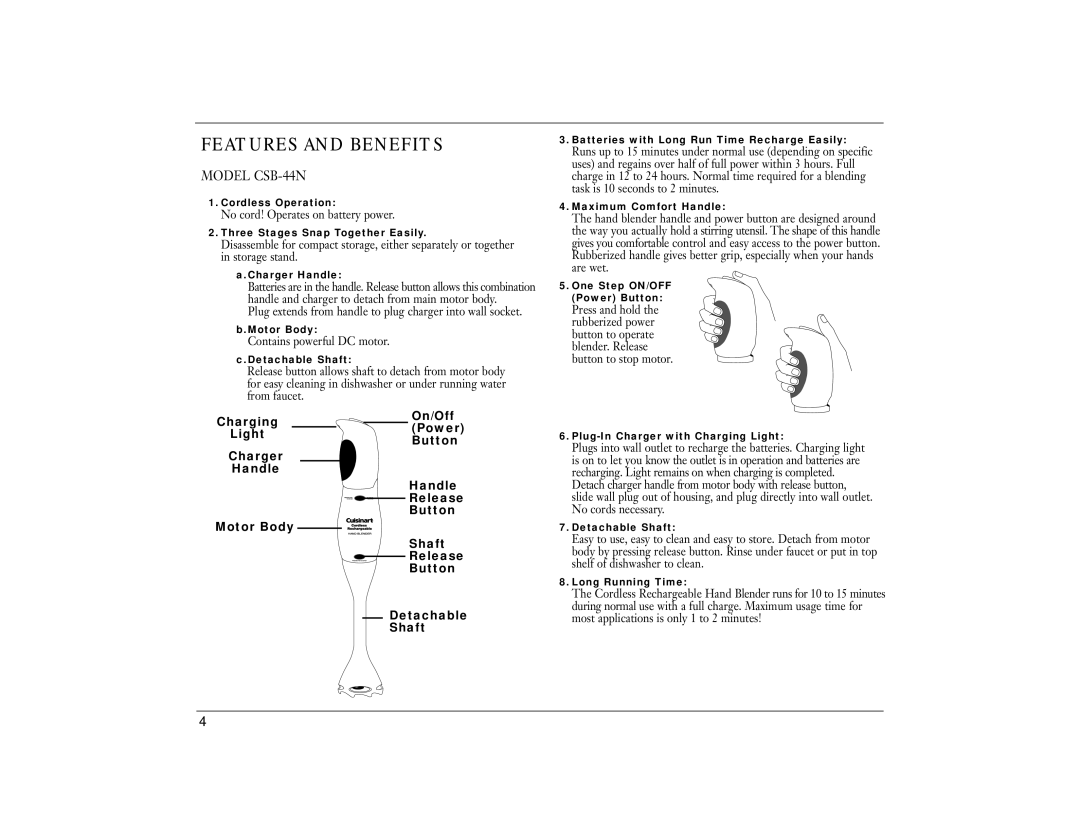 Cuisinart manual Features and Benefits, Model CSB-44N 