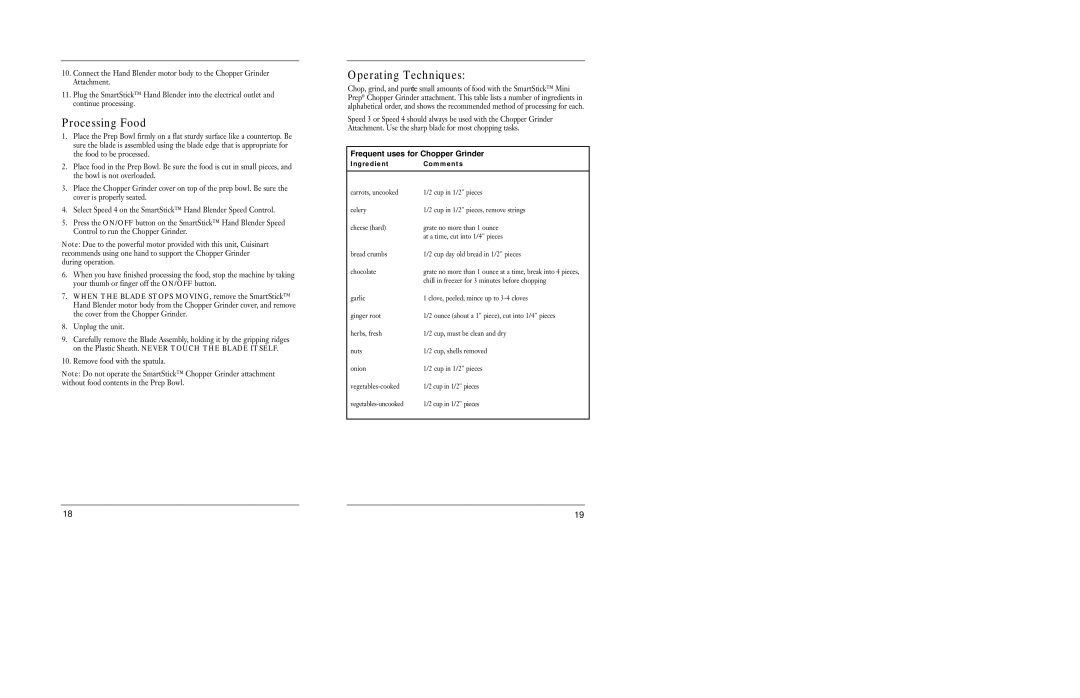 Cuisinart CSB-55 manual Processing Food, Operating Techniques, Ingredient Comments 