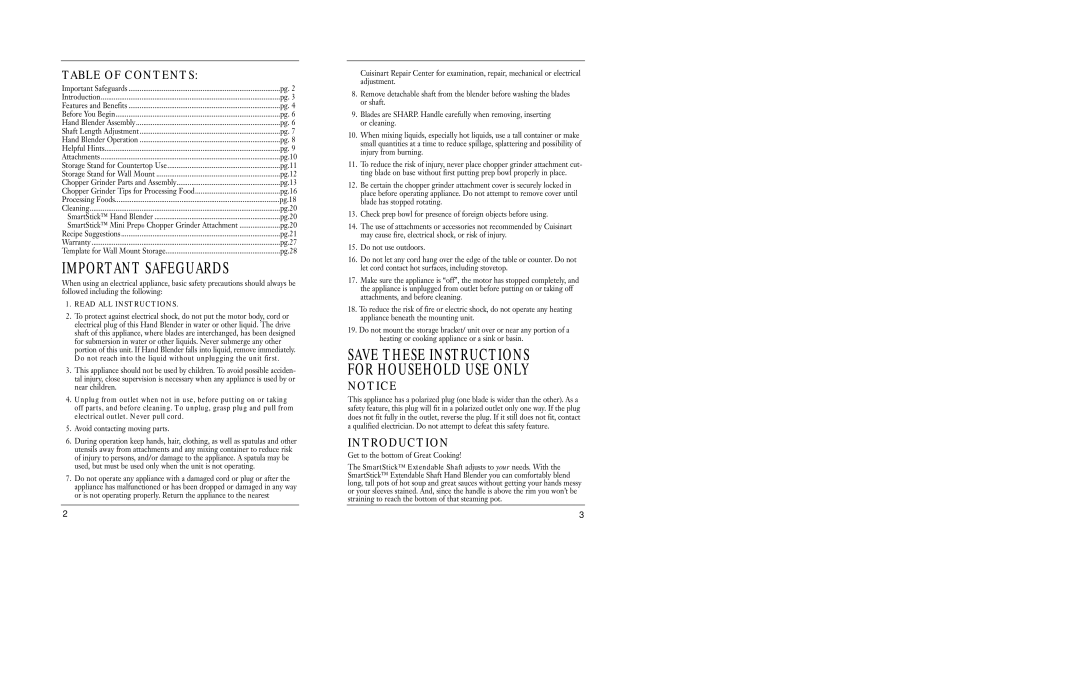 Cuisinart CSB-55 manual Table of Contents, Introduction 