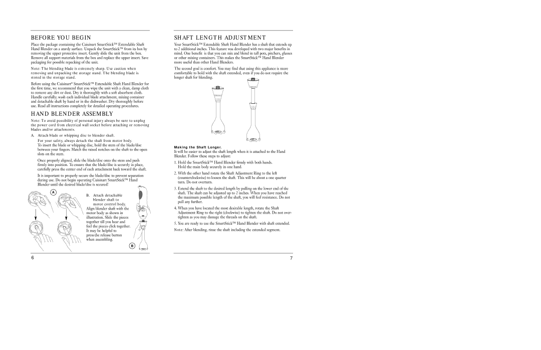 Cuisinart CSB-55 manual Before YOU Begin, Hand Blender Assembly, Shaft Length Adjustment, Making the Shaft Longer 