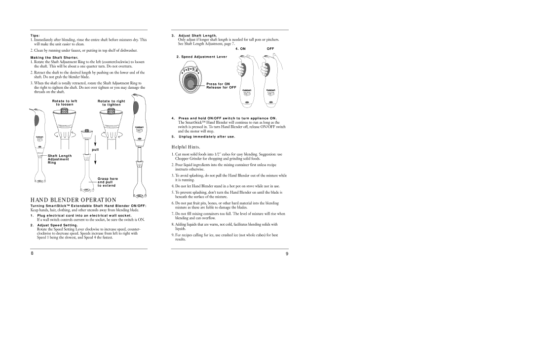 Cuisinart CSB-55 manual Hand Blender Operation, Helpful Hints 