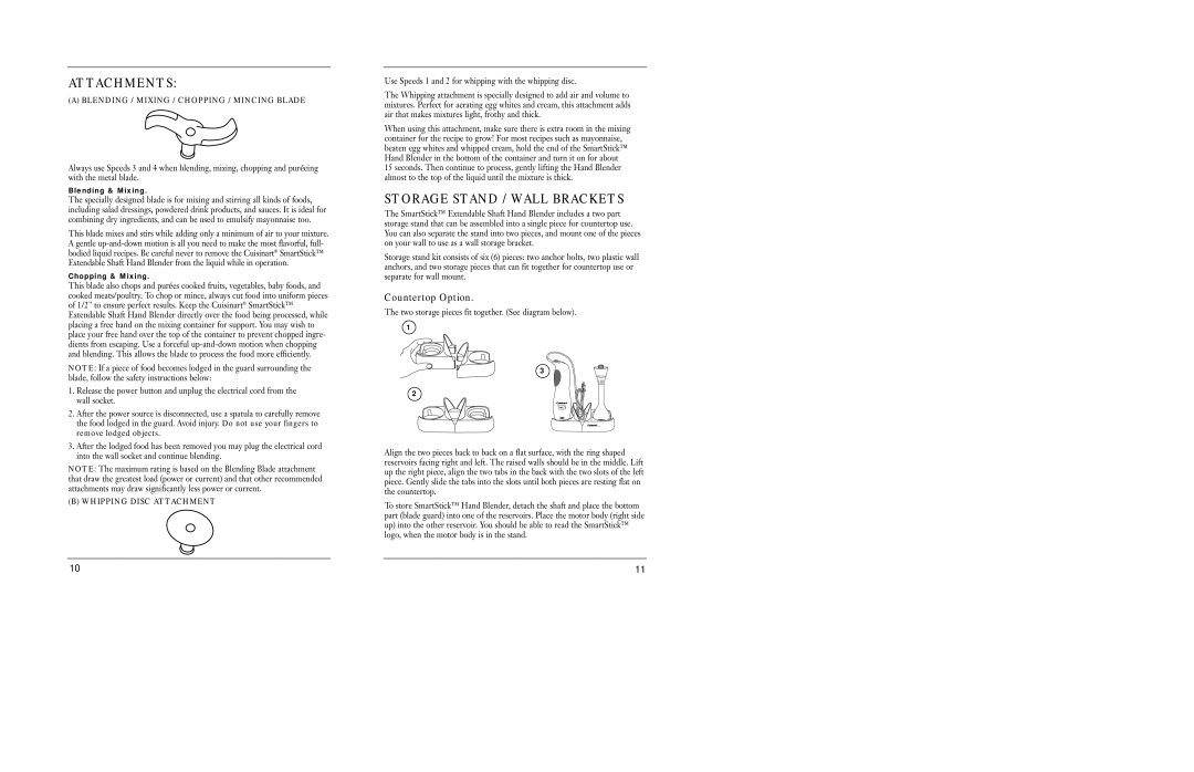 Cuisinart CSB-55 manual Attachments, Storage Stand / Wall Brackets, Countertop Option, Blending & Mixing, Chopping & Mixing 