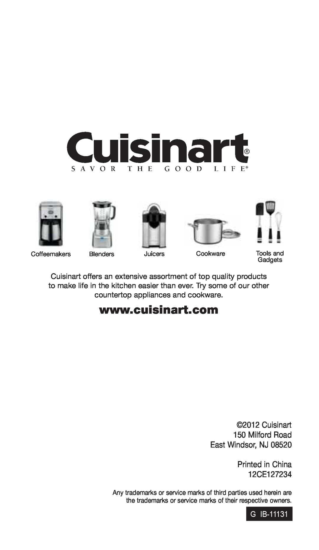 Cuisinart CSB-75 manual G IB-11131, Coffeemakers, Blenders, Juicers, Cookware, Tools and, Gadgets 