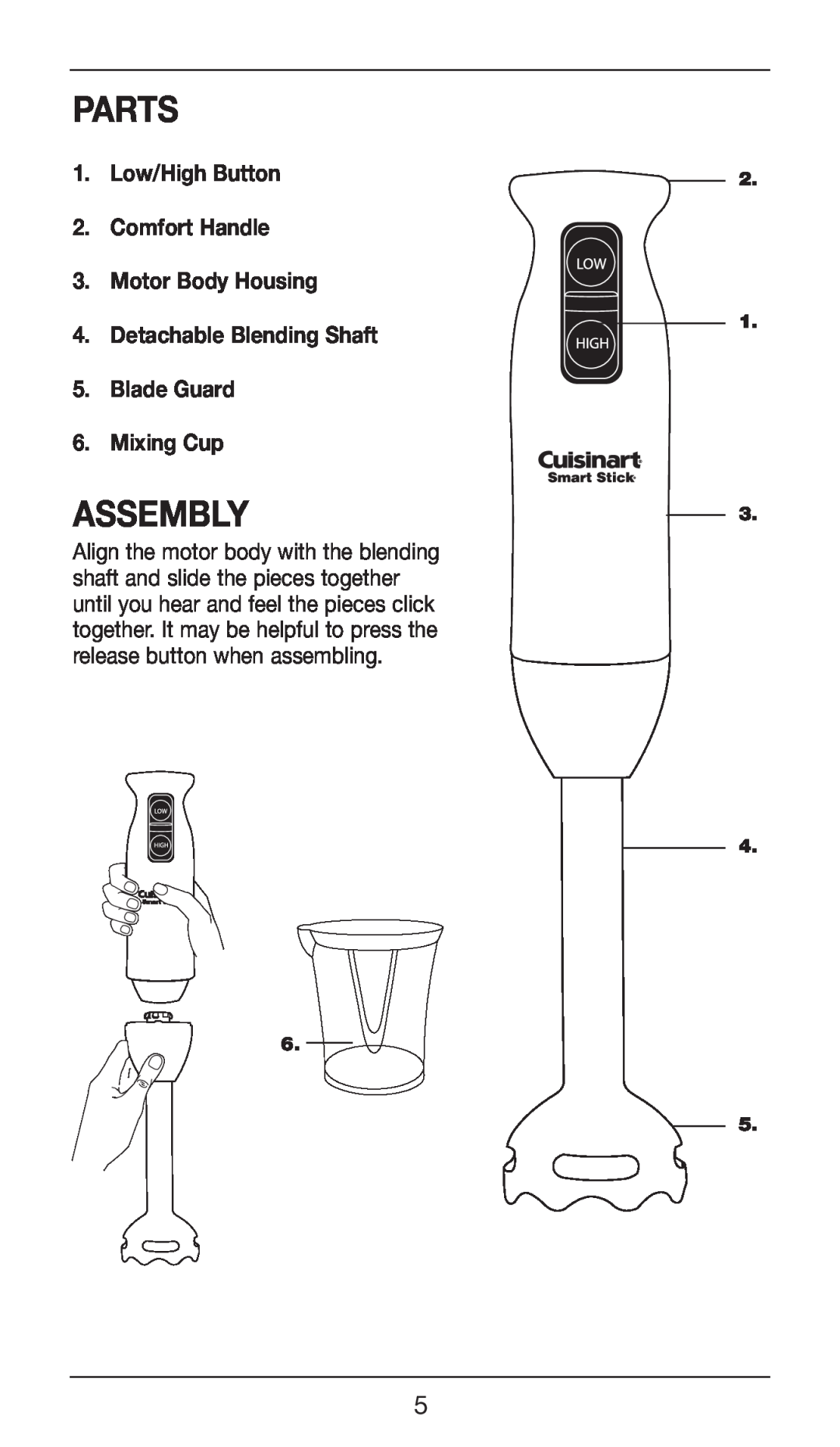 Cuisinart CSB-75 manual Parts, Assembly, Low/High Button 2. Comfort Handle 3. Motor Body Housing 