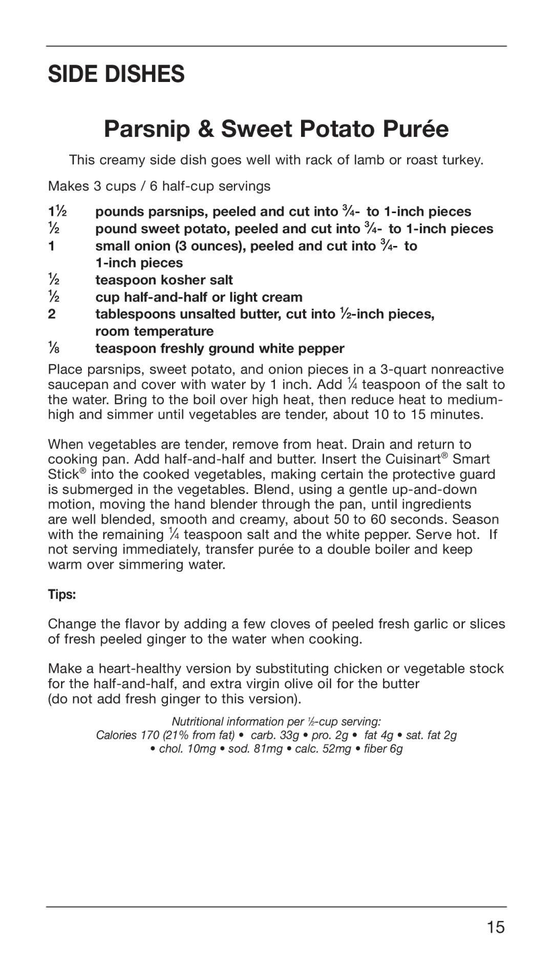 Cuisinart CSB-76DB, CSB-76DG manual Side Dishes, Parsnip & Sweet Potato Purée 