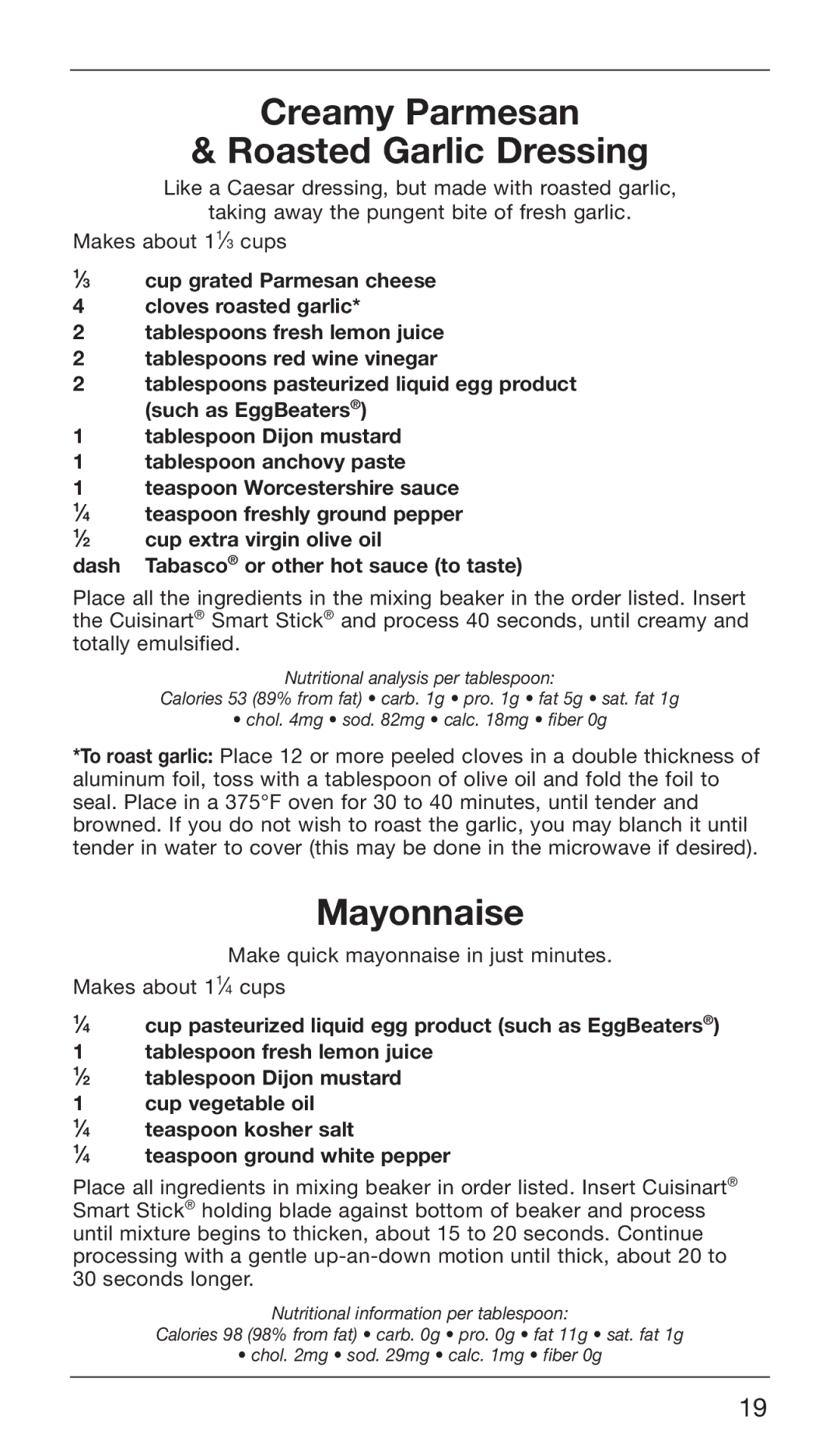 Cuisinart CSB-76DB, CSB-76DG manual Creamy Parmesan Roasted Garlic Dressing, Mayonnaise 