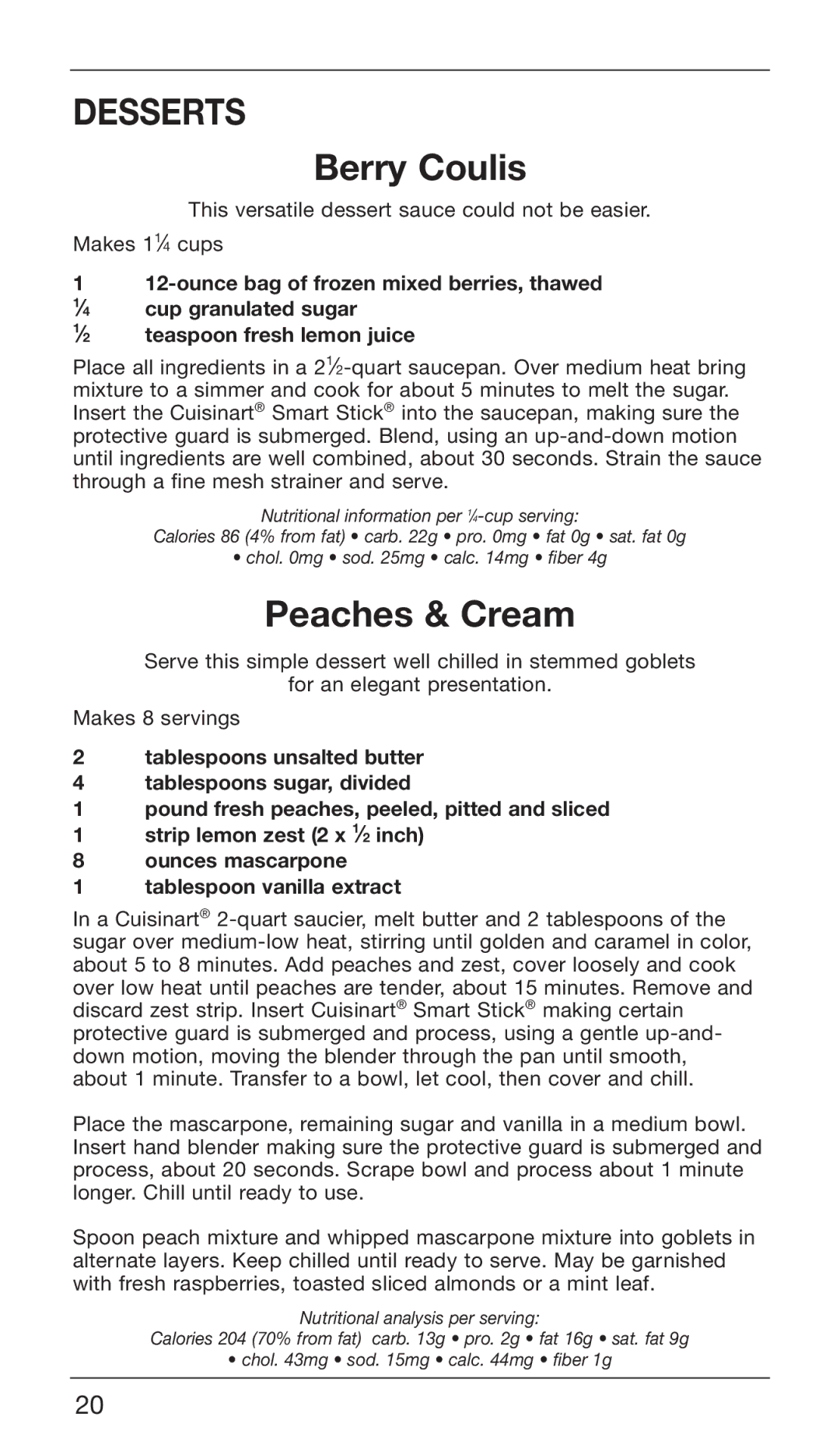 Cuisinart CSB-76DG, CSB-76DB manual Desserts, Berry Coulis, Peaches & Cream 