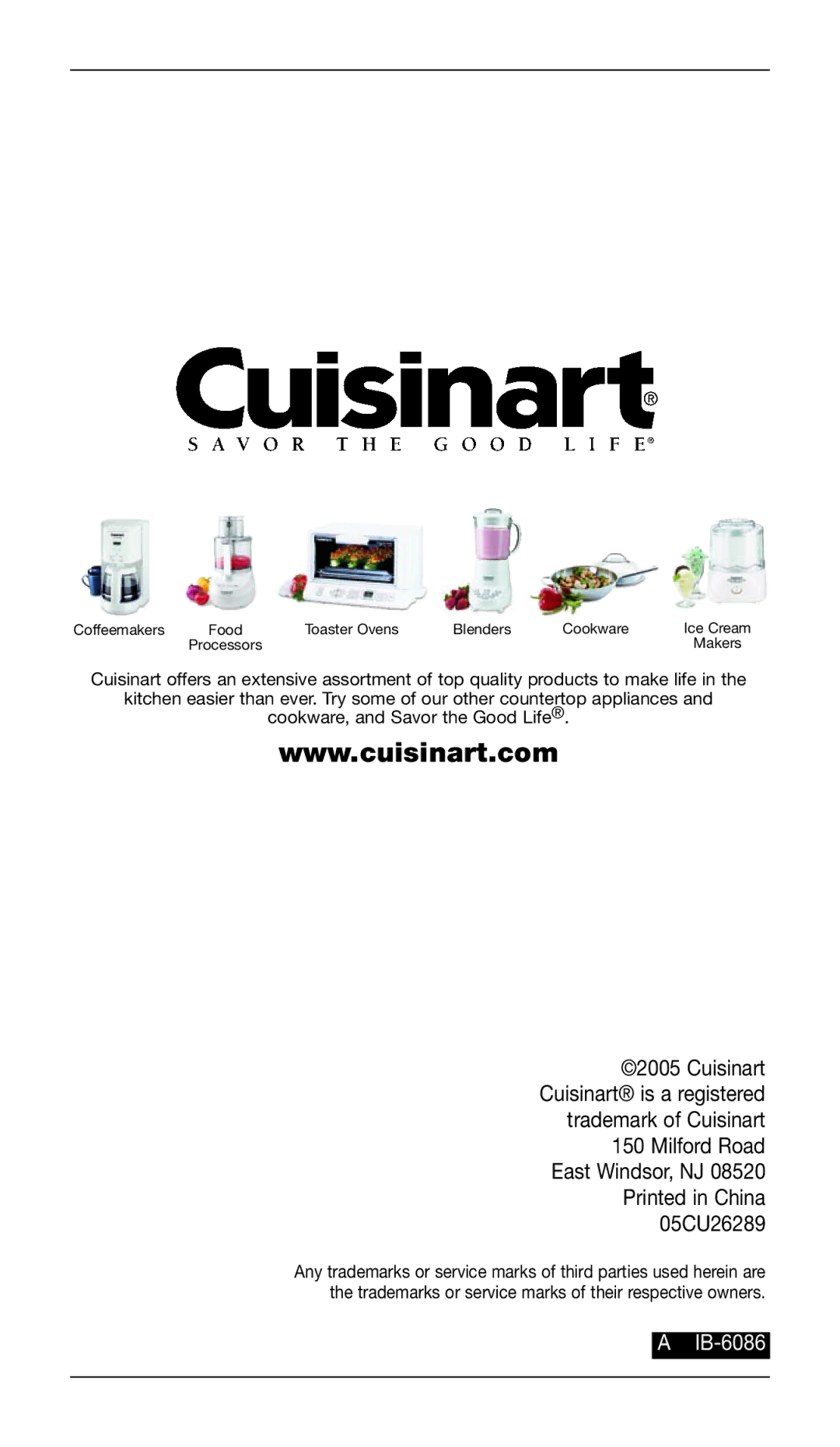 Cuisinart CSB-76DB, CSB-76DG manual IB-6086 