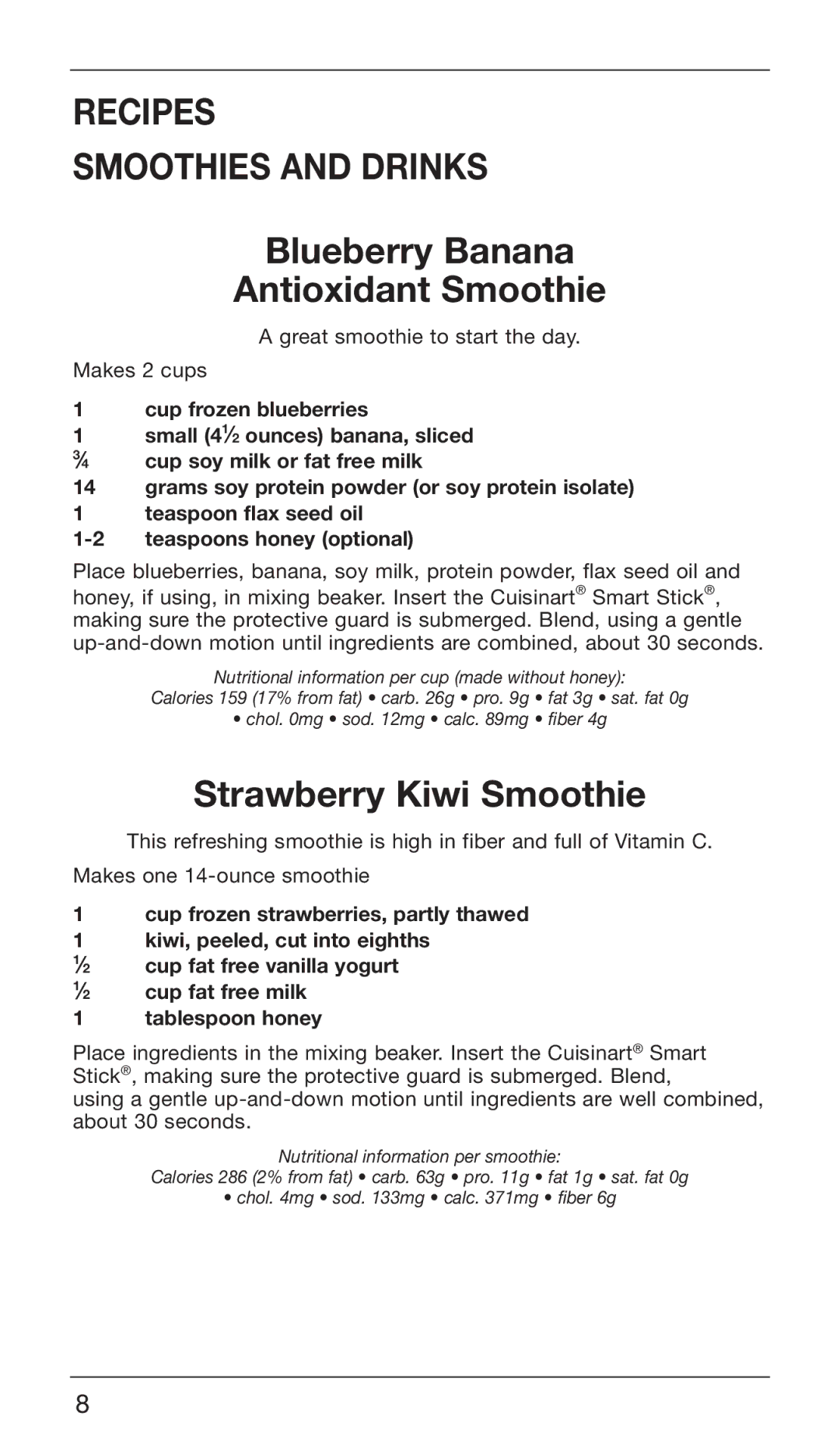 Cuisinart CSB-76DG, CSB-76DB Recipes Smoothies and Drinks, Blueberry Banana Antioxidant Smoothie, Strawberry Kiwi Smoothie 