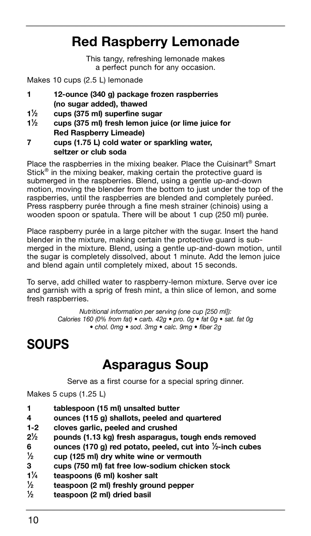 Cuisinart CSB-76C manual Red Raspberry Lemonade, Soups, Asparagus Soup 