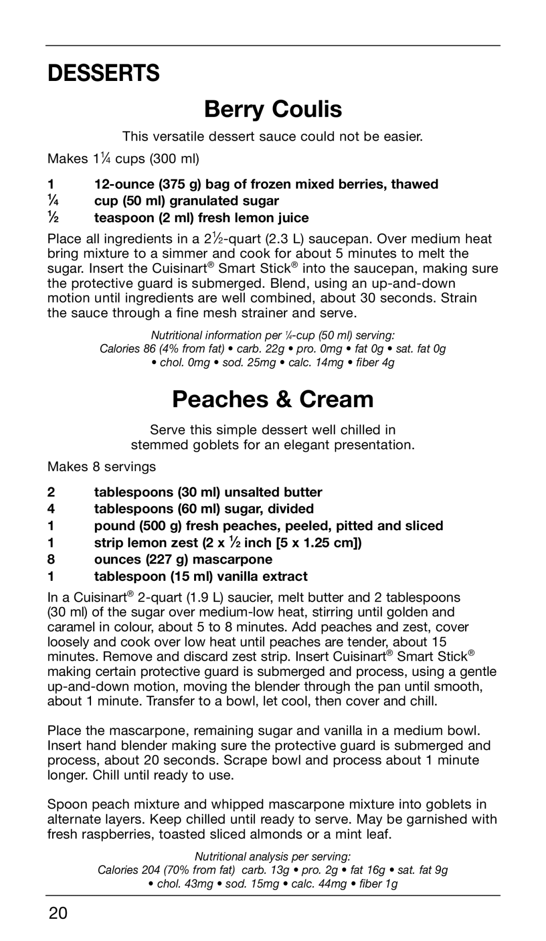 Cuisinart CSB-76C manual Desserts, Berry Coulis, Peaches & Cream 