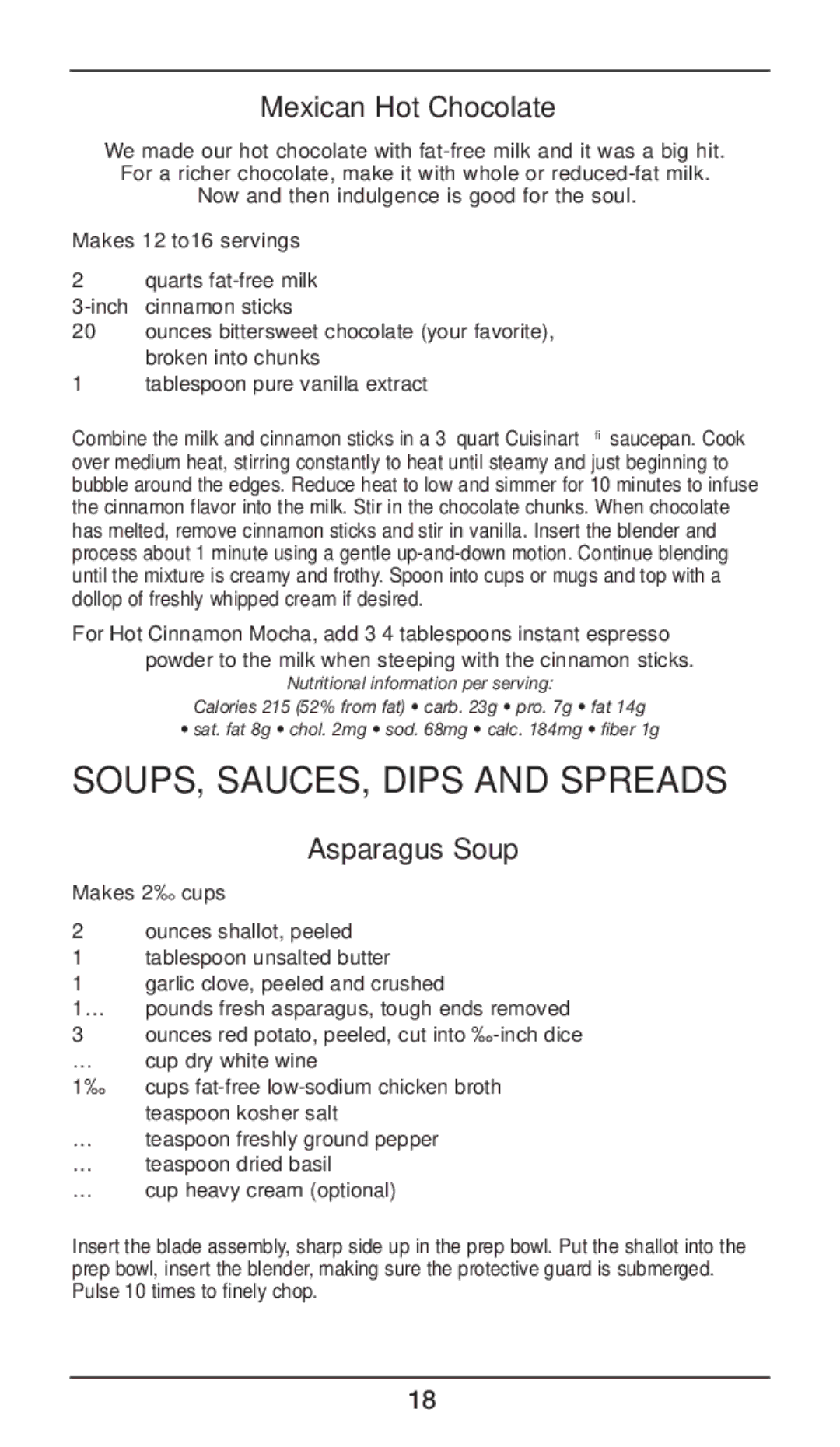 Cuisinart CSB-77 manual Soups, sauces, dips and spreads, Mexican Hot Chocolate, Asparagus Soup 