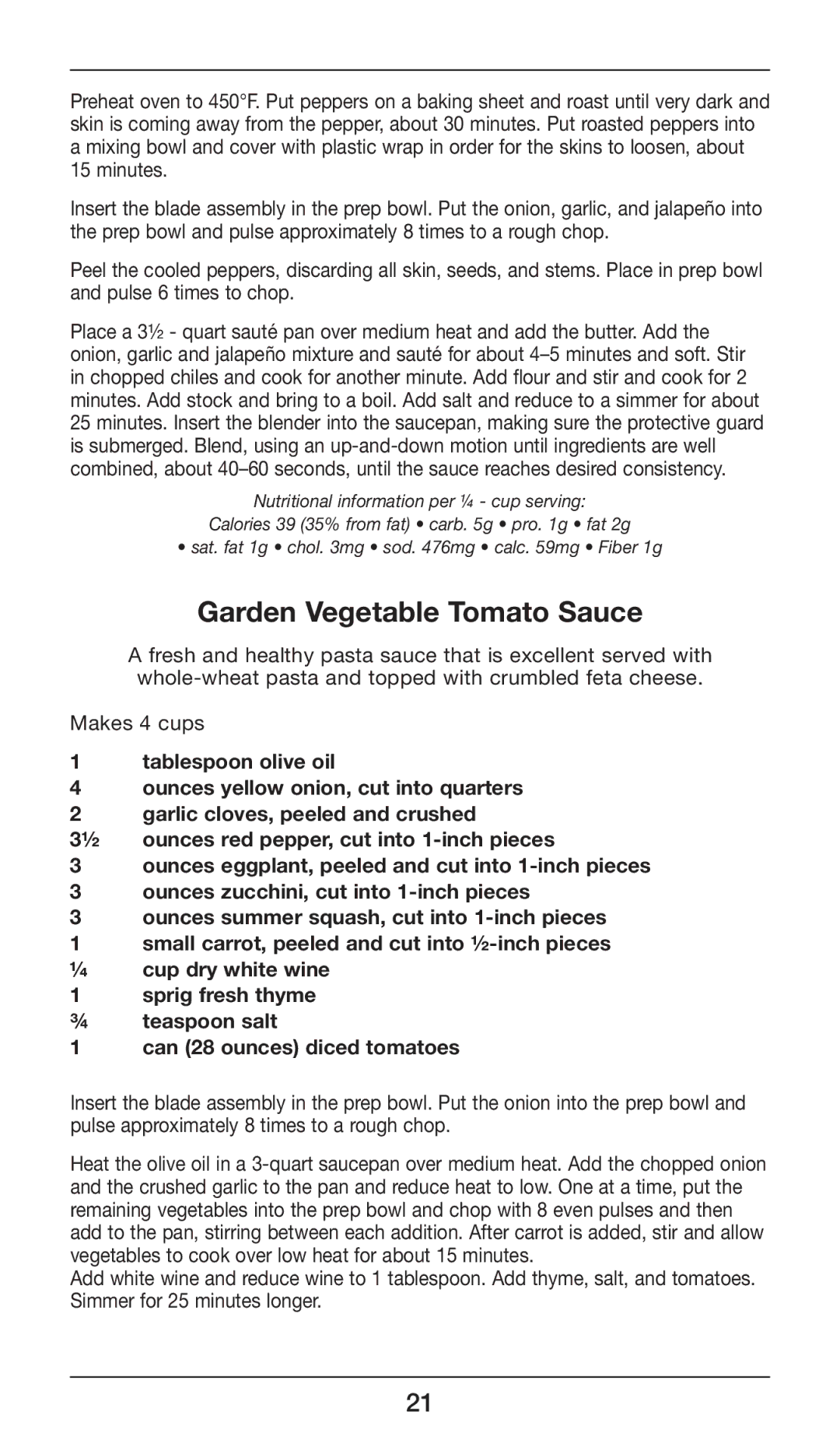 Cuisinart CSB-77 manual Garden Vegetable Tomato Sauce 