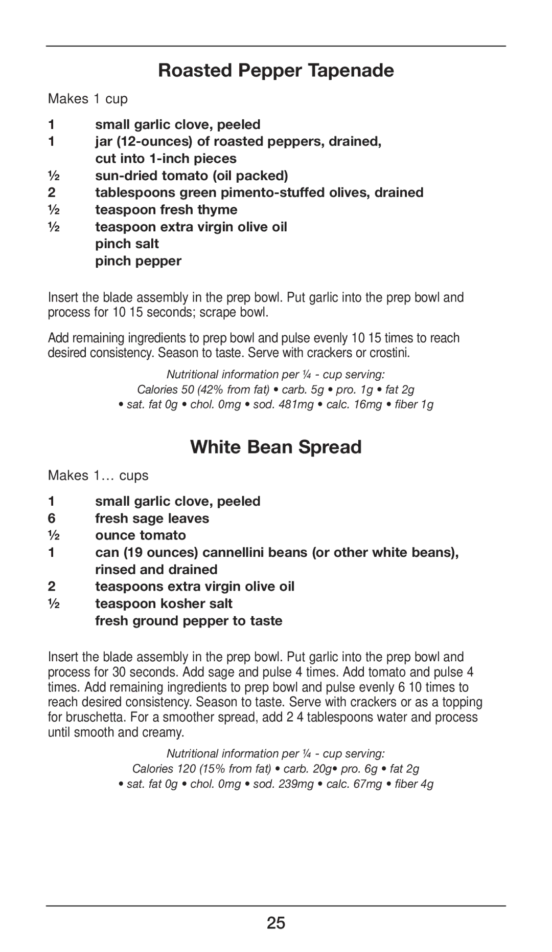 Cuisinart CSB-77 manual Roasted Pepper Tapenade, White Bean Spread 