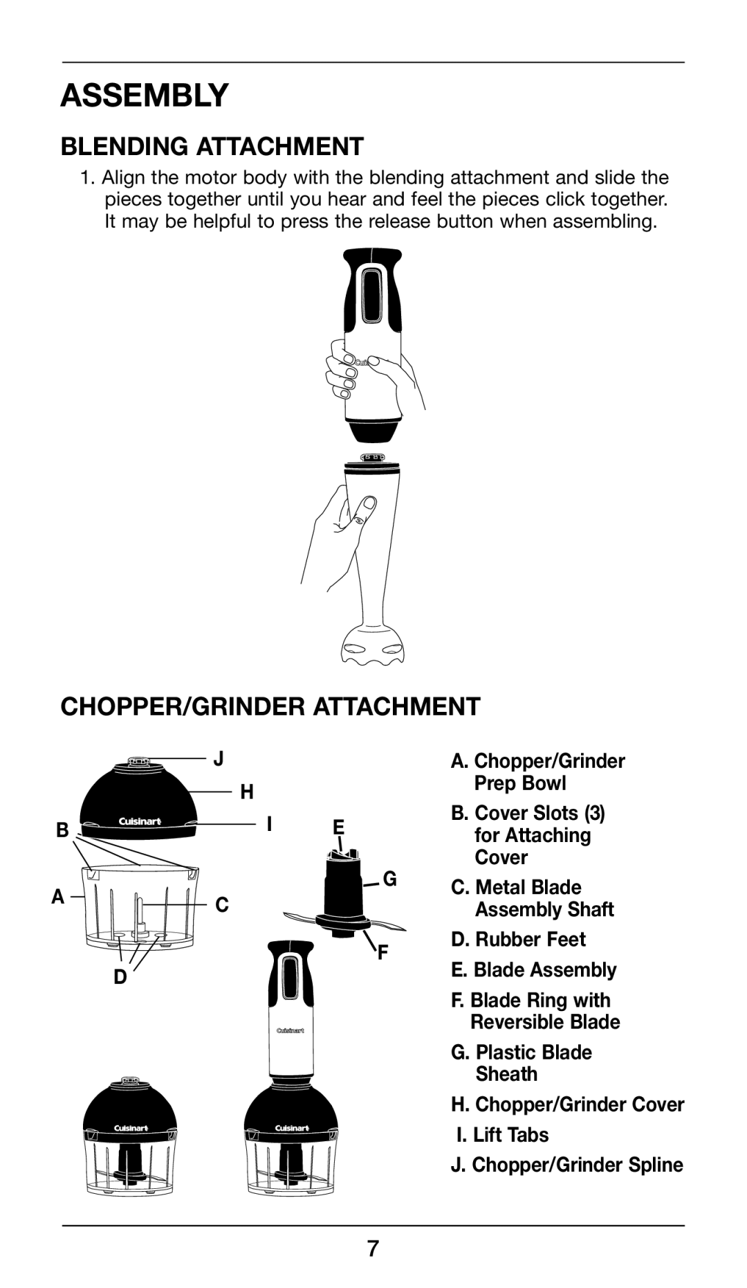 Cuisinart CSB-77 manual Assembly, Blending Attachment, Chopper/Grinder Attachment 