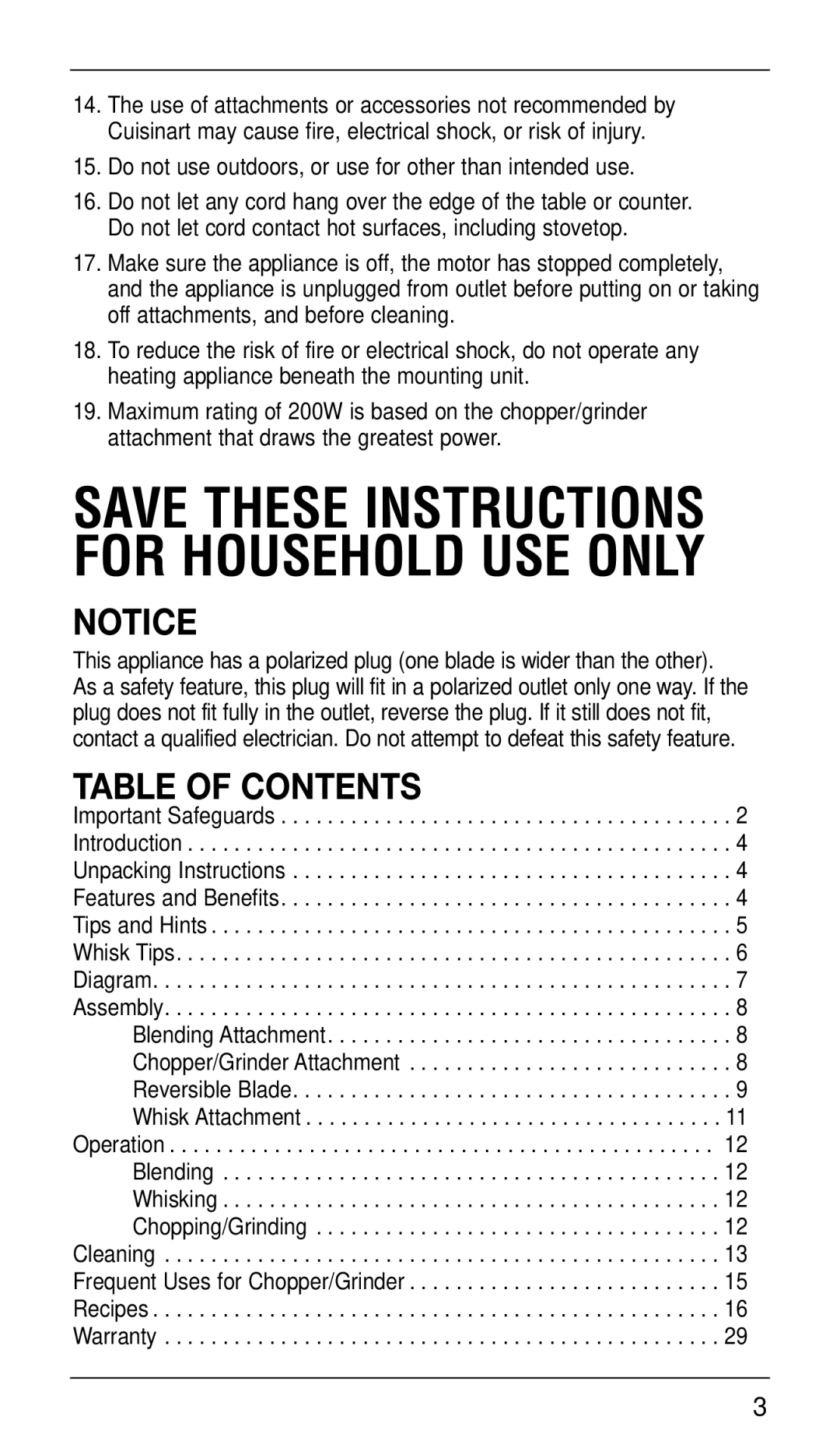 Cuisinart CSB-77 manual Save These Instructions for Household USE only, Table of Contents 