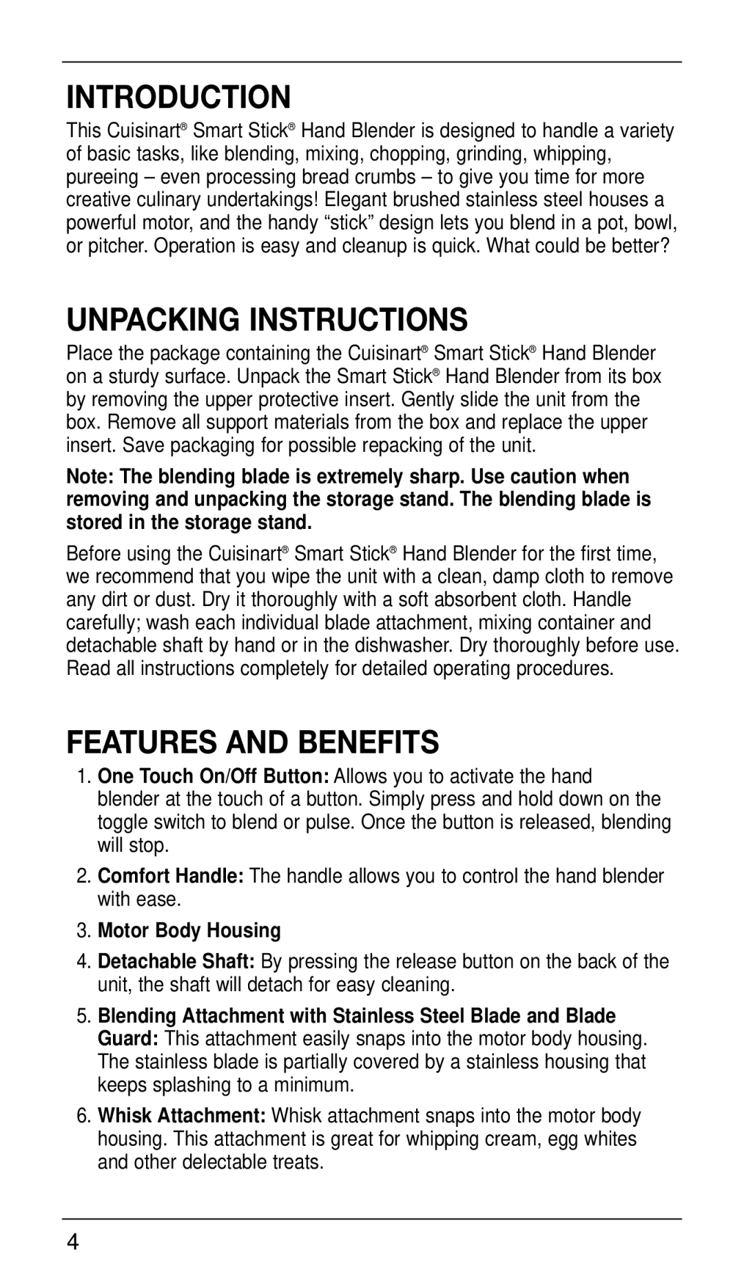 Cuisinart CSB-77 manual Introduction, Unpacking Instructions, Features and Benefits 