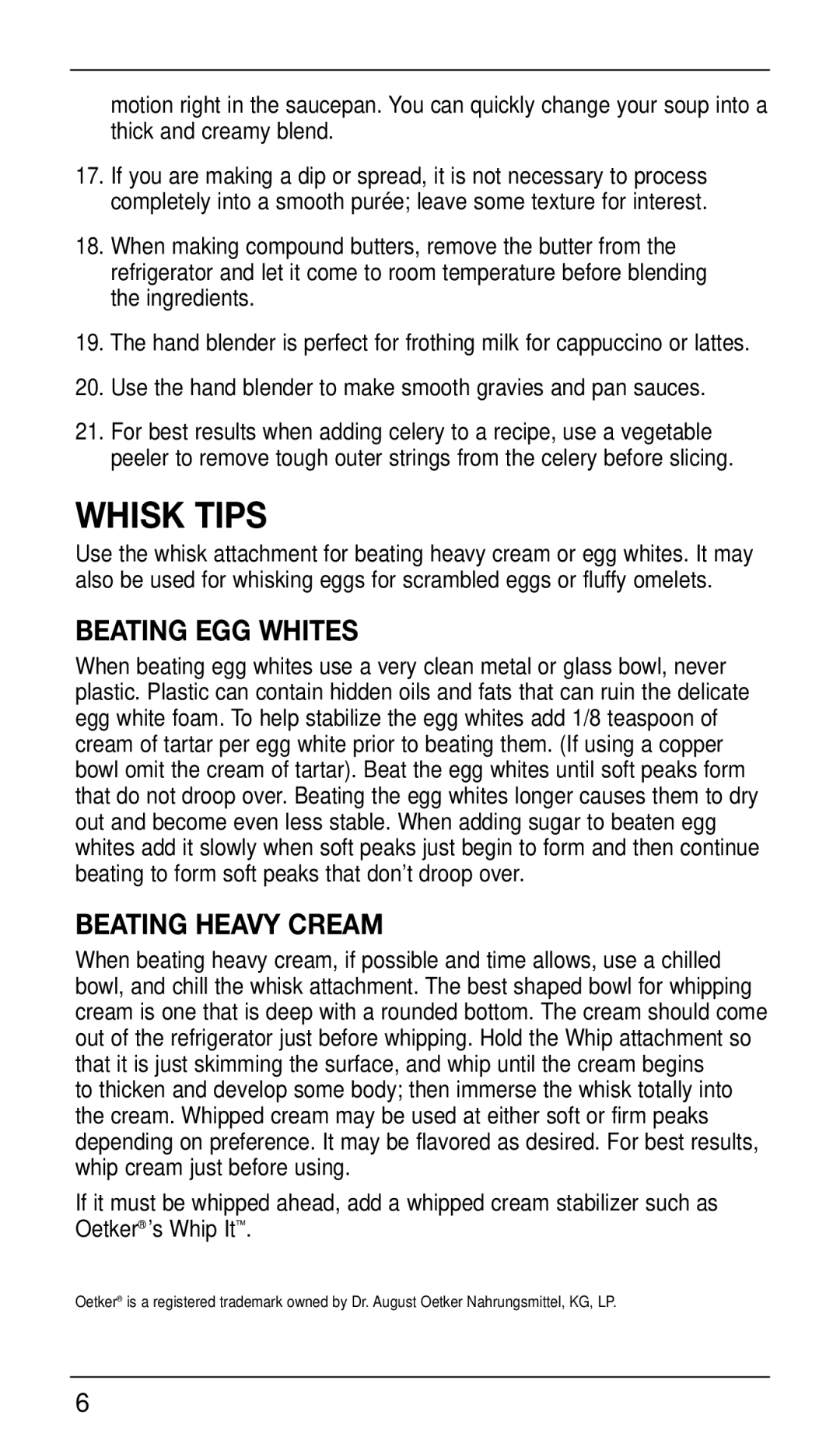 Cuisinart CSB-77 manual Whisk Tips, Beating EGG Whites, Beating Heavy Cream 