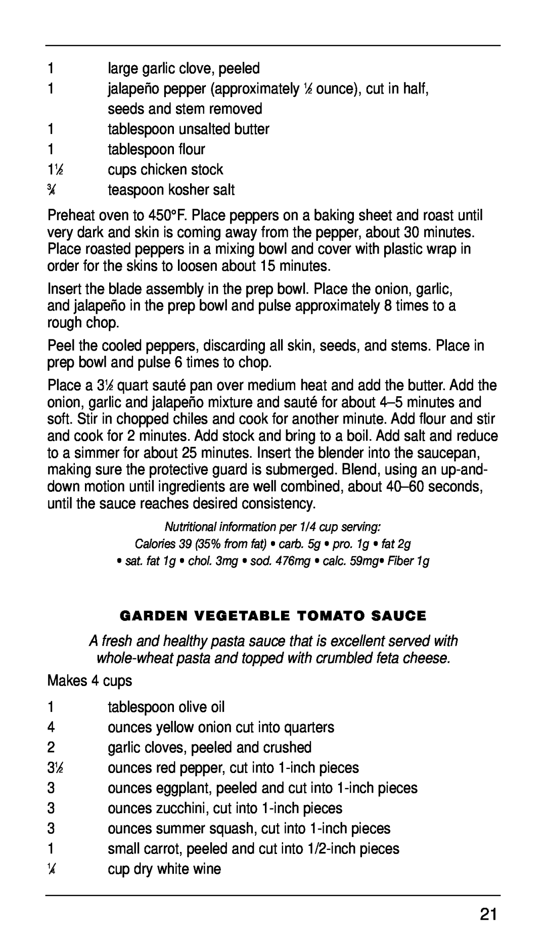 Cuisinart CSB-77 manual Garden Vegetable Tomato Sauce 