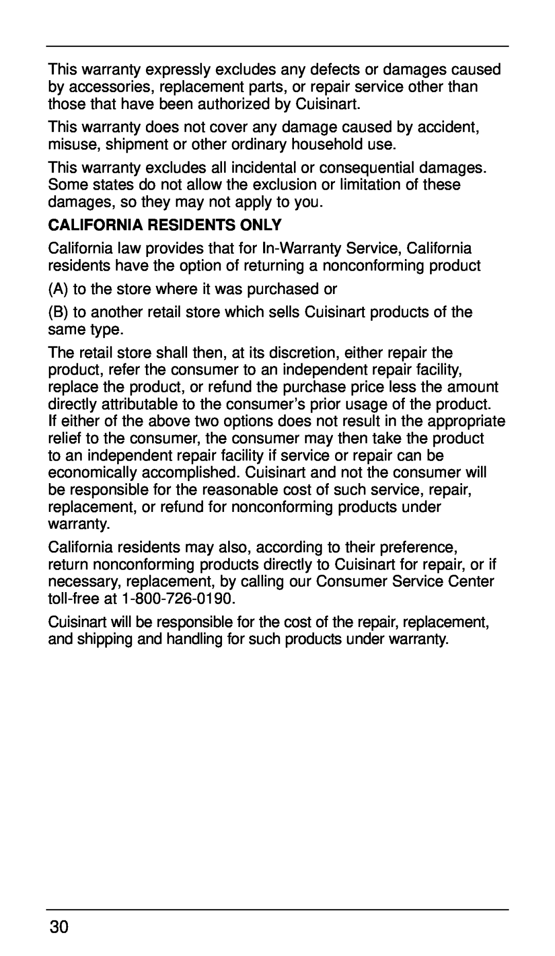 Cuisinart CSB-77 manual California Residents Only 