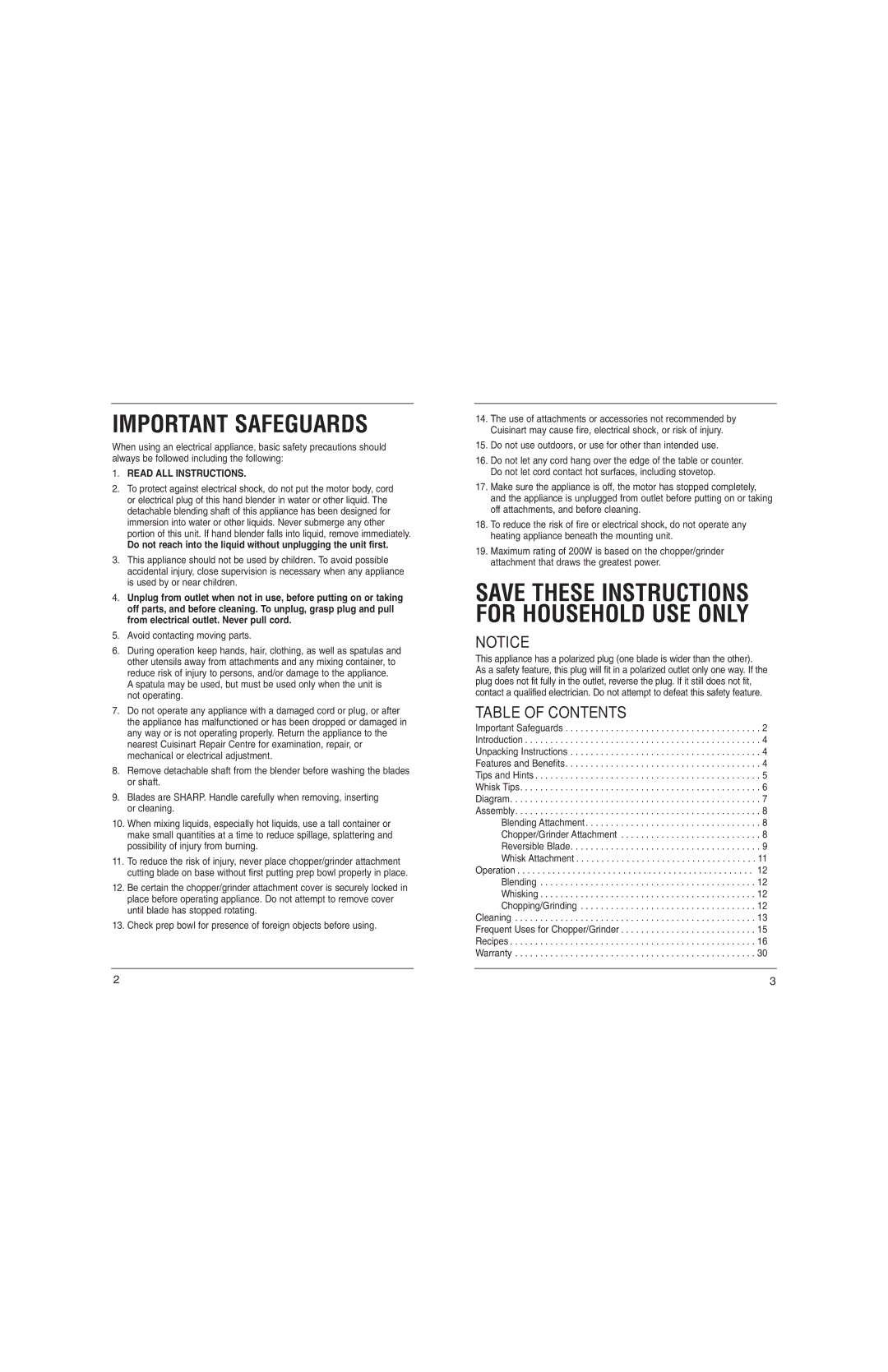 Cuisinart CSB-77C manual Important Safeguards, Table of Contents 