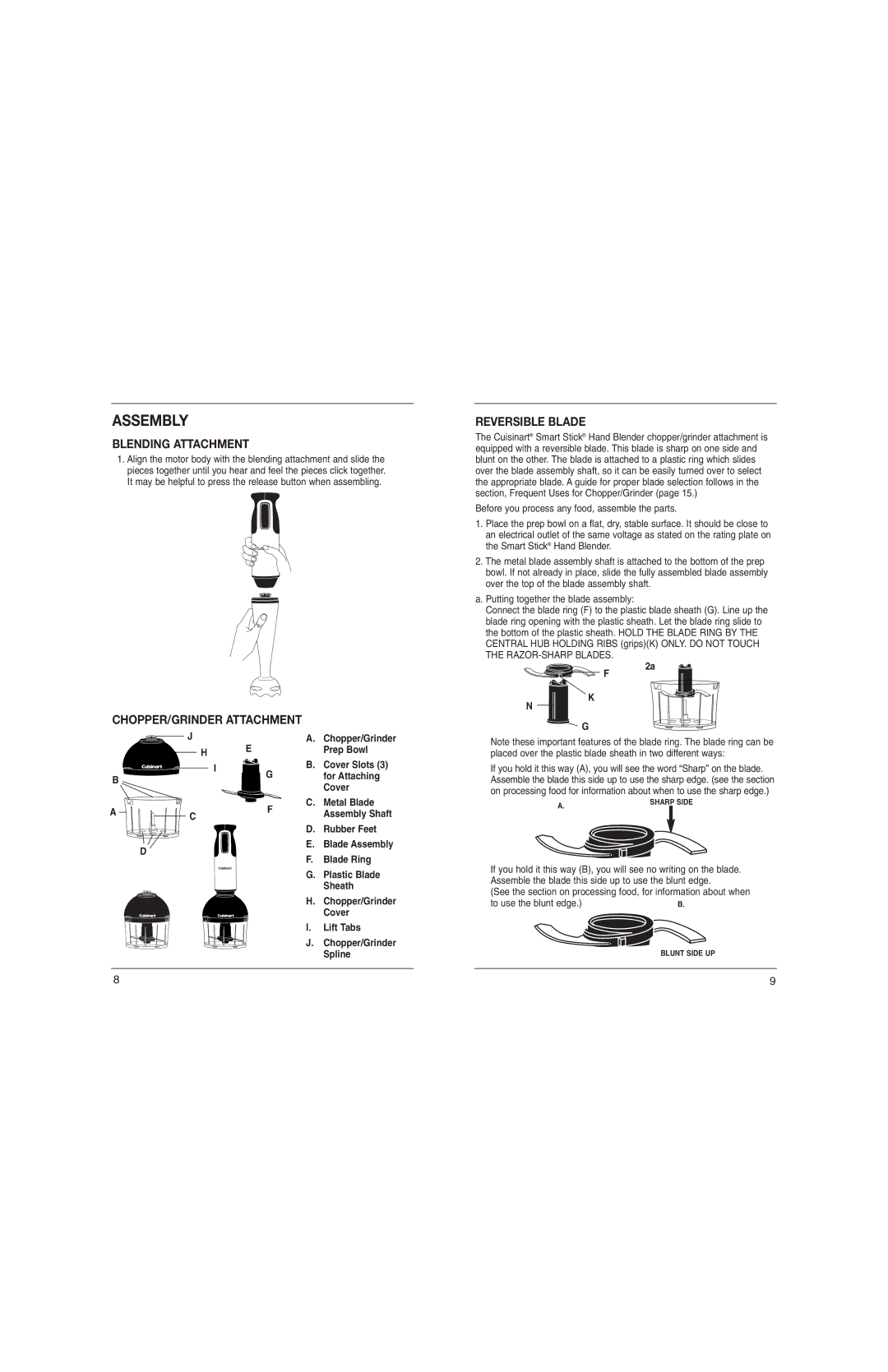 Cuisinart CSB-77C manual Assembly, Blending Attachment, Reversible Blade, CHOPPER/GRINDER Attachment 