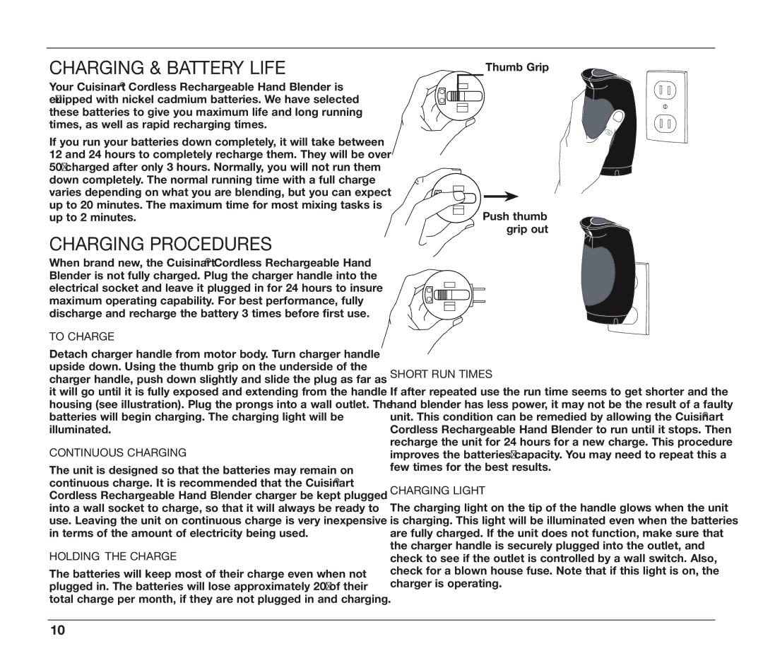 Cuisinart CSB-78 manual Charging & Battery Life, Charging Procedures 