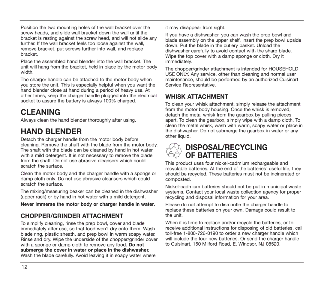 Cuisinart CSB-78 manual Cleaning, DISPOSAL/RECYCLING Batteries, Chopper/Grinder Attachment, Whisk attachment 