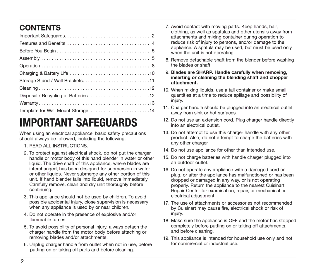 Cuisinart CSB-78 manual Important Safeguards, Contents 