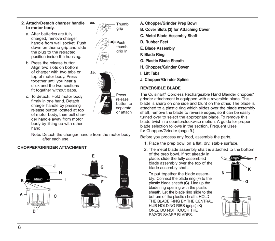 Cuisinart CSB-78 manual Attach/Detach charger handle 2a, To motor body, Reversible Blade, Blade Ring by the Central 