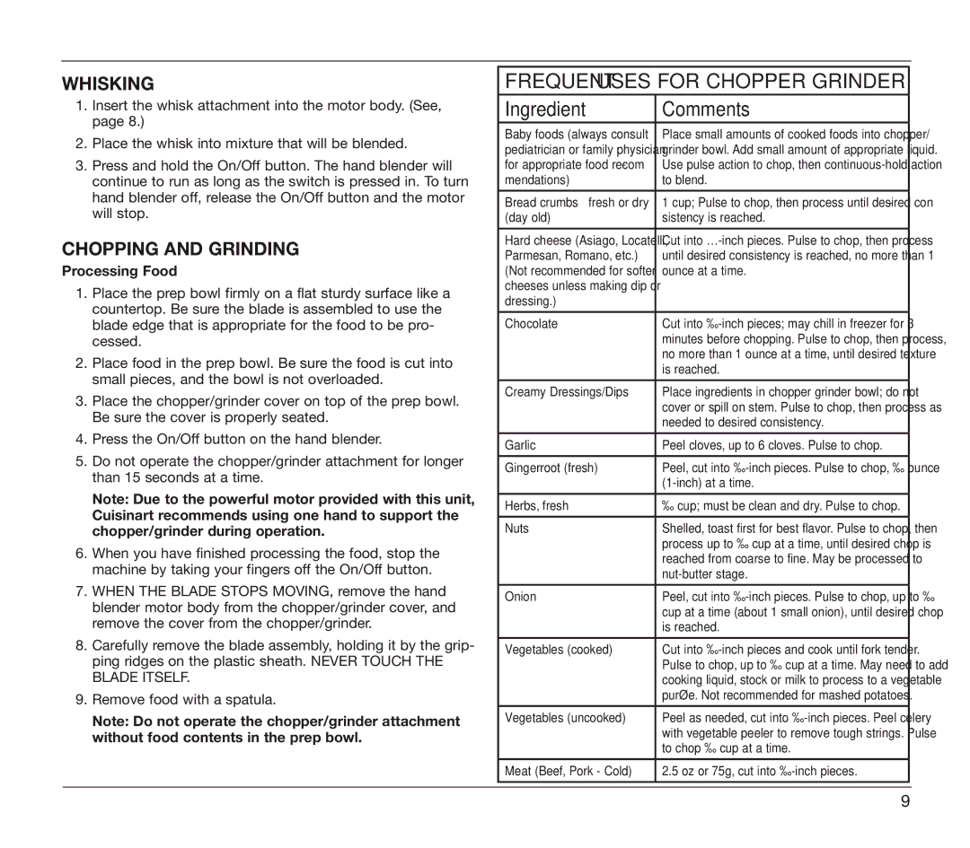 Cuisinart CSB-78 manual Whisking, Chopping and Grinding, Processing Food 