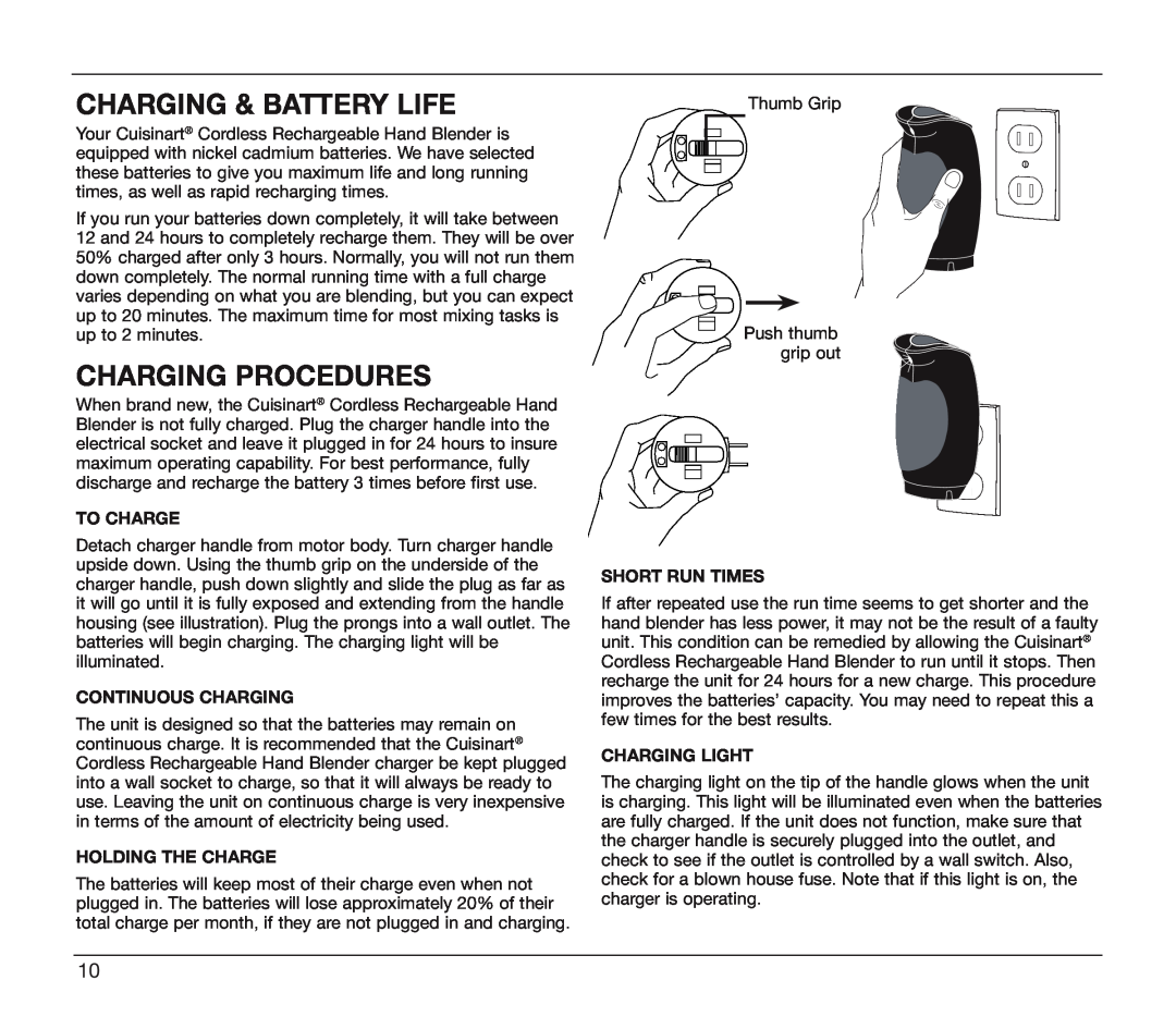 Cuisinart CSB-78 manual Charging & Battery Life, Charging Procedures, To Charge, Continuous Charging, Holding the Charge 