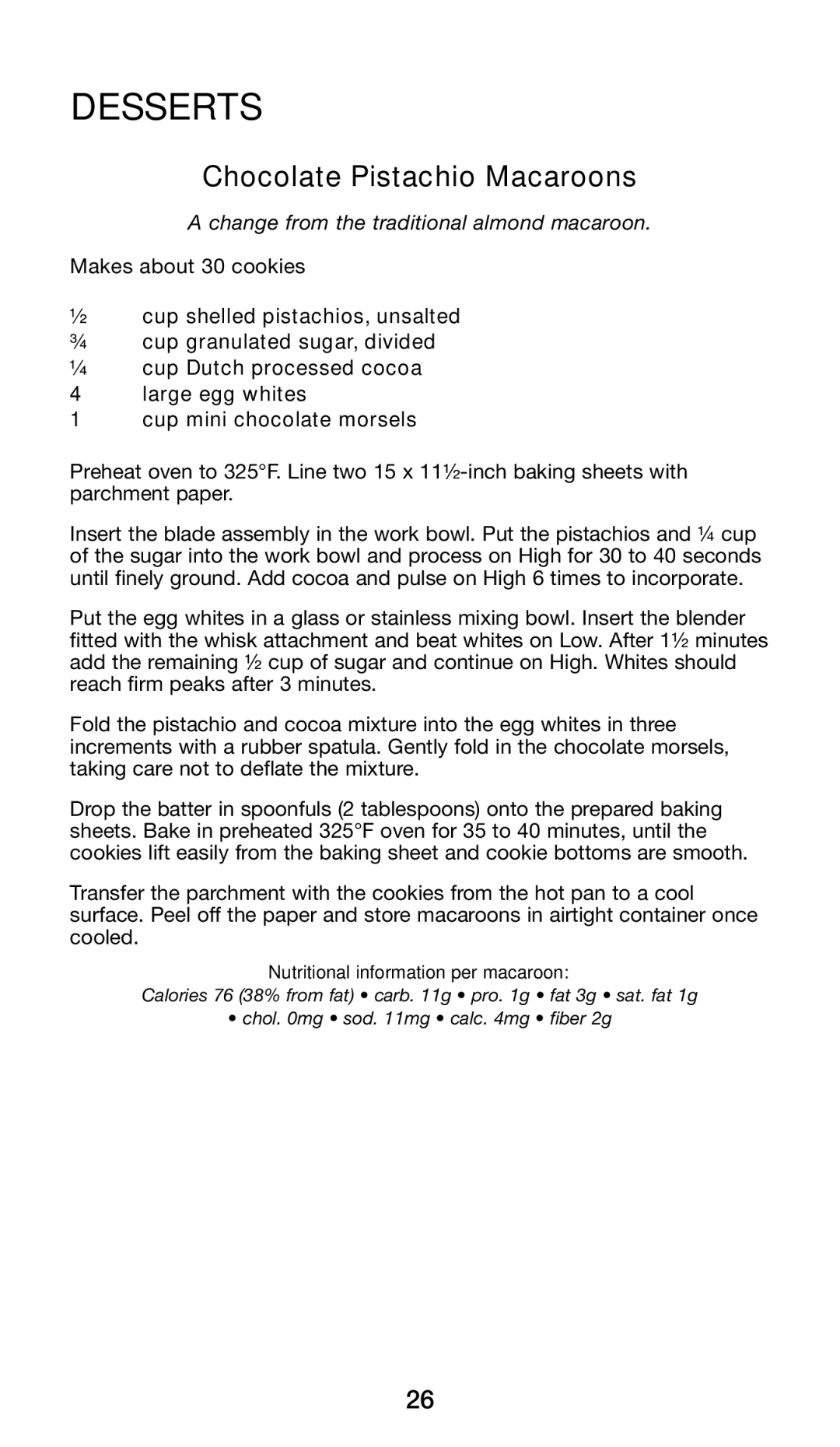 Cuisinart CSB-79 manual Desserts, Chocolate Pistachio Macaroons 