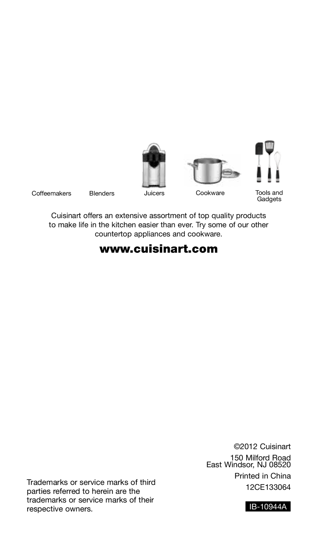 Cuisinart CSB-79 manual IB-10944A 