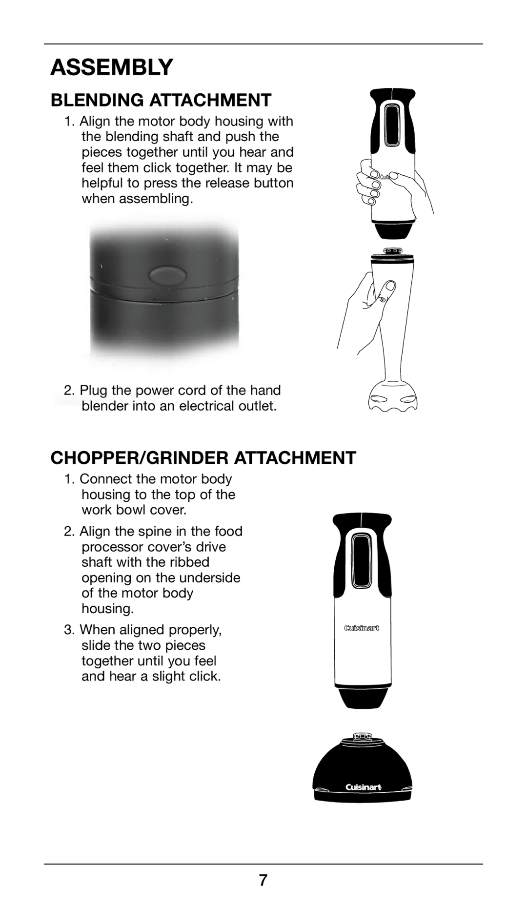 Cuisinart CSB-79 manual Assembly, Blending Attachment, Chopper/Grinder Attachment 