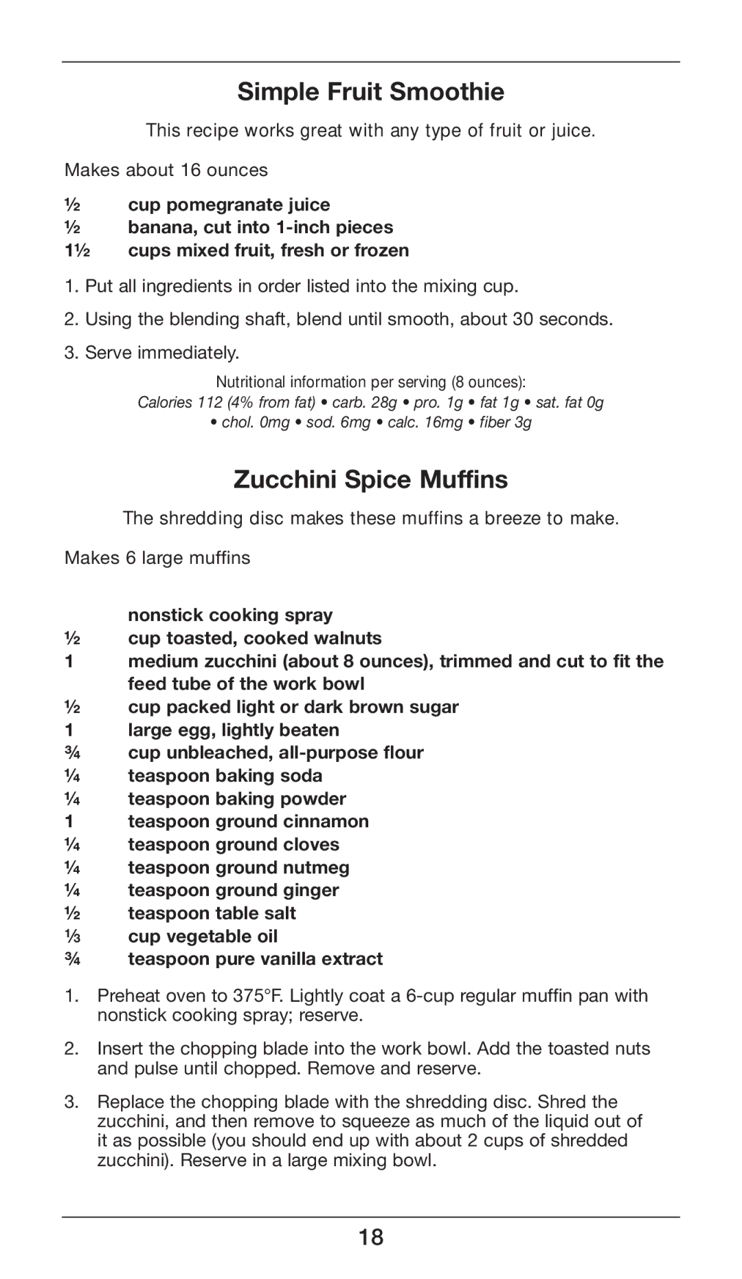 Cuisinart CSB-80 manual Simple Fruit Smoothie, Zucchini Spice Muffins 