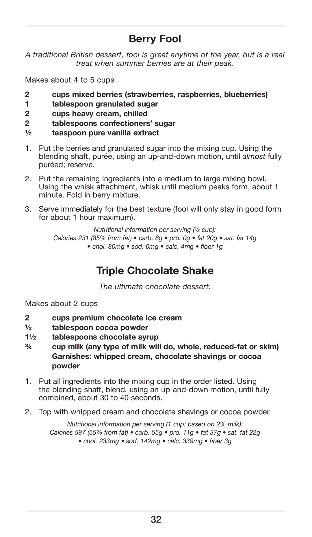 Cuisinart CSB-80 manual Berry Fool, Triple Chocolate Shake 