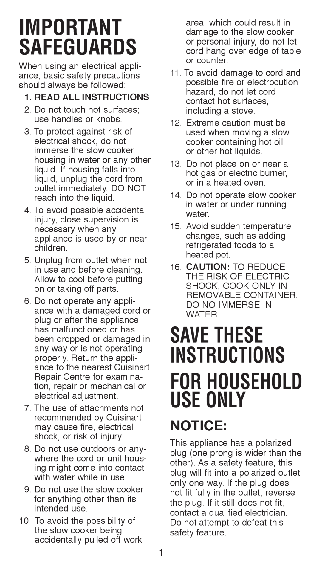 Cuisinart CSC-650C manual Save These, Instructions, Important Safeguards, For Household Use Only 