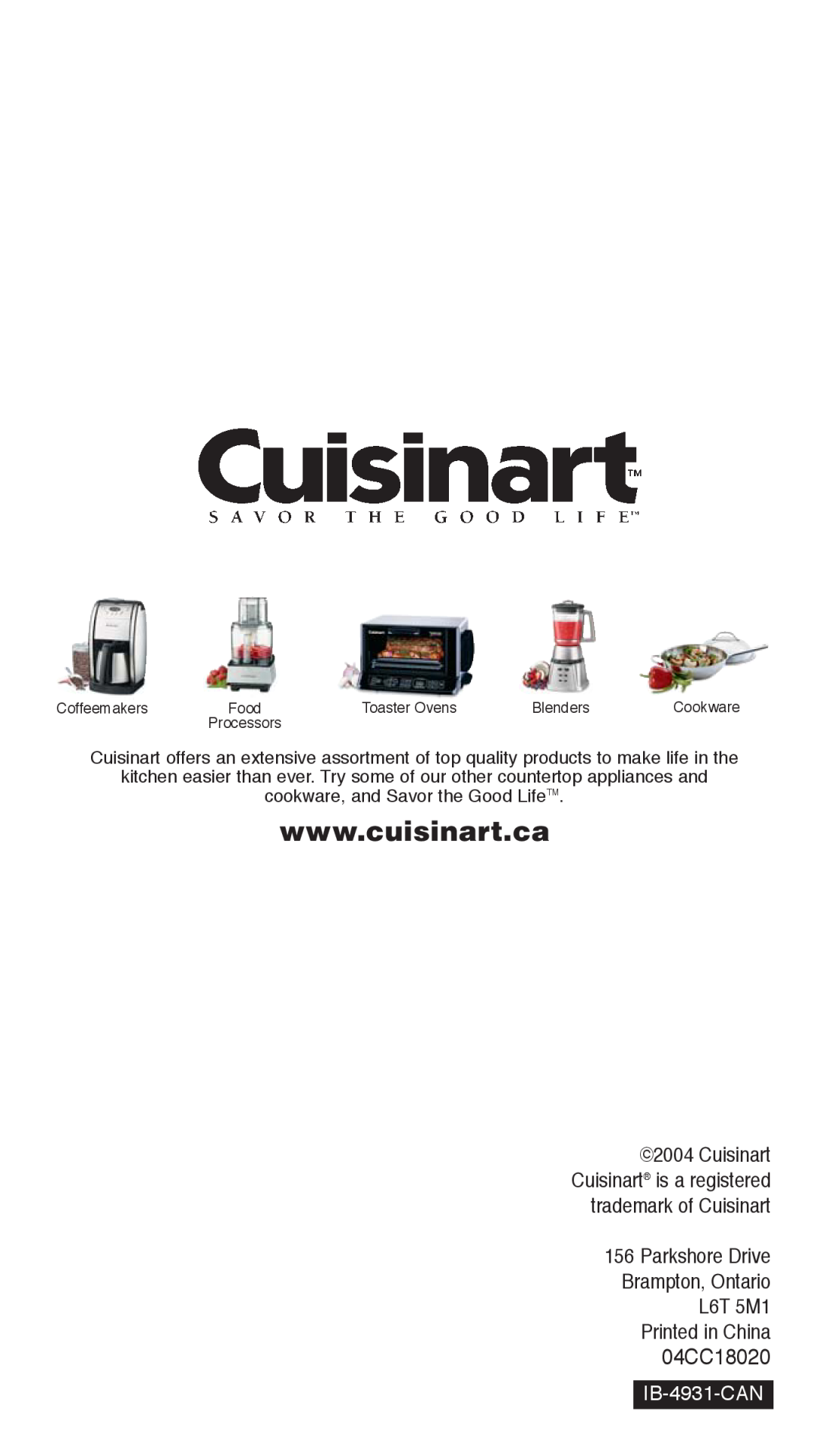 Cuisinart CSC-650C manual 04CC18020, IB-4931-CAN 