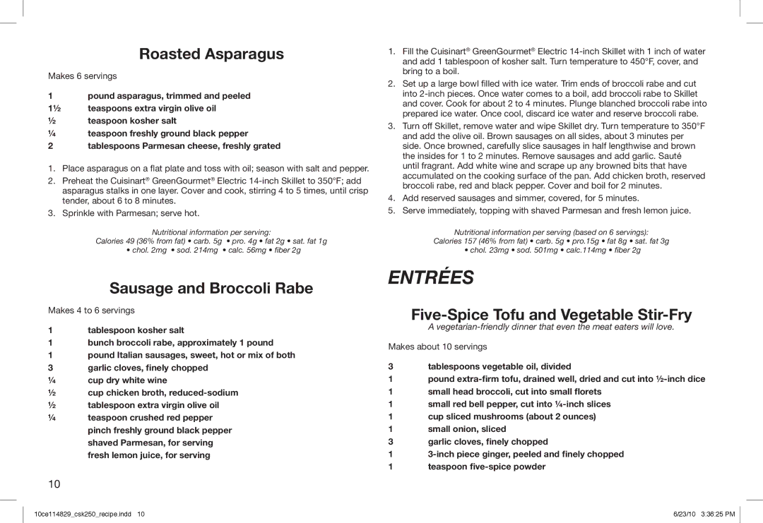 Cuisinart CSK-250 manual Entrées, Roasted Asparagus, Sausage and Broccoli Rabe, Five-Spice Tofu and Vegetable Stir-Fry 