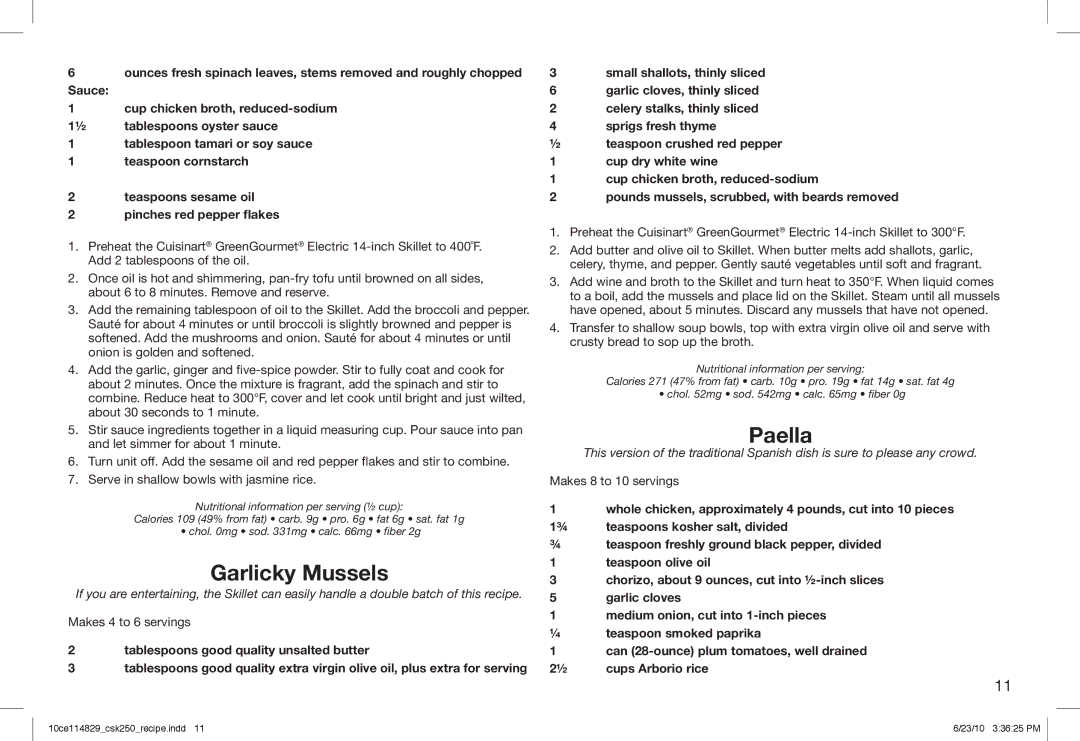 Cuisinart 10ce114829, CSK-250 manual Garlicky Mussels, Paella 