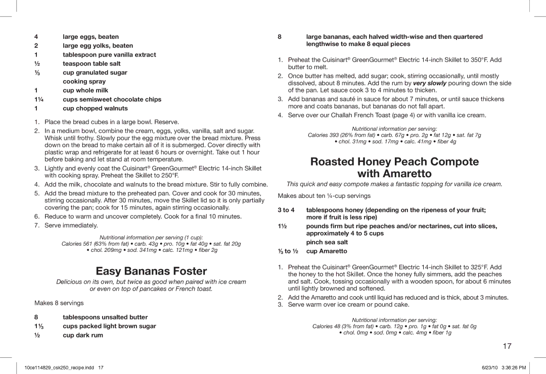 Cuisinart 10ce114829, CSK-250 manual Easy Bananas Foster, Roasted Honey Peach Compote With Amaretto, Large eggs, beaten 
