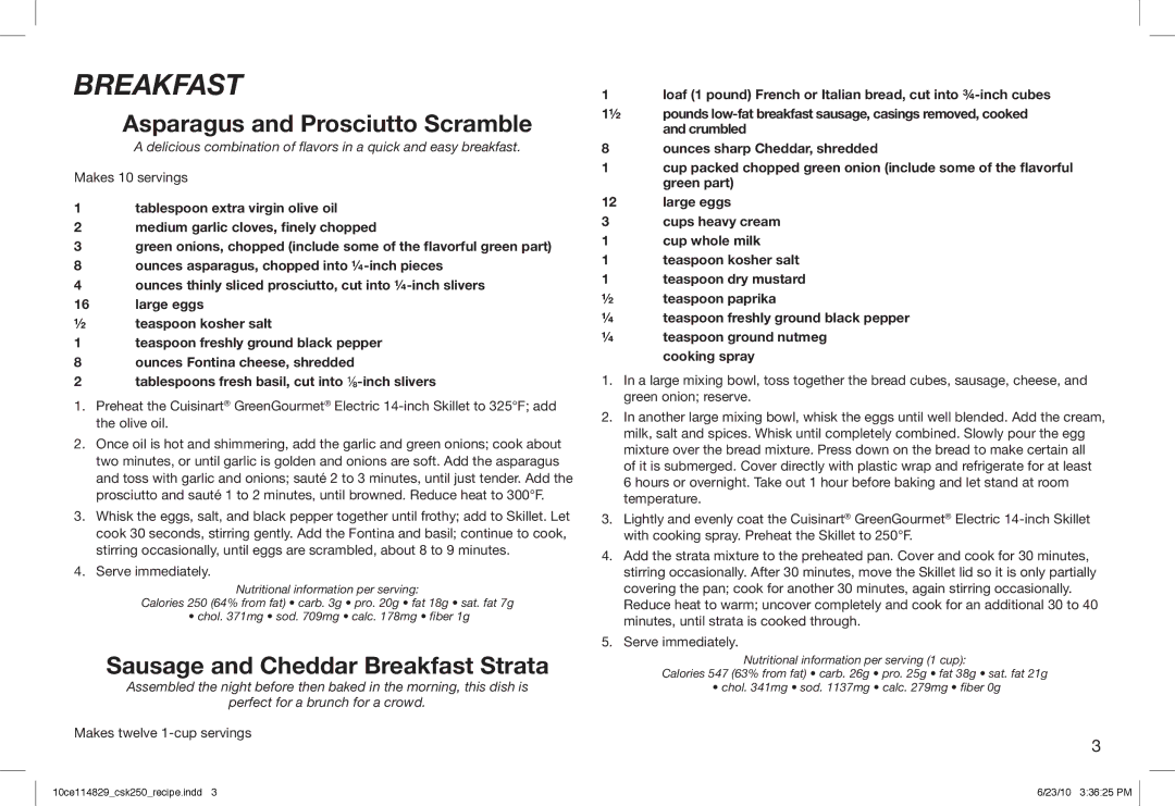 Cuisinart 10ce114829, CSK-250 manual Asparagus and Prosciutto Scramble, Sausage and Cheddar Breakfast Strata, Crumbled 