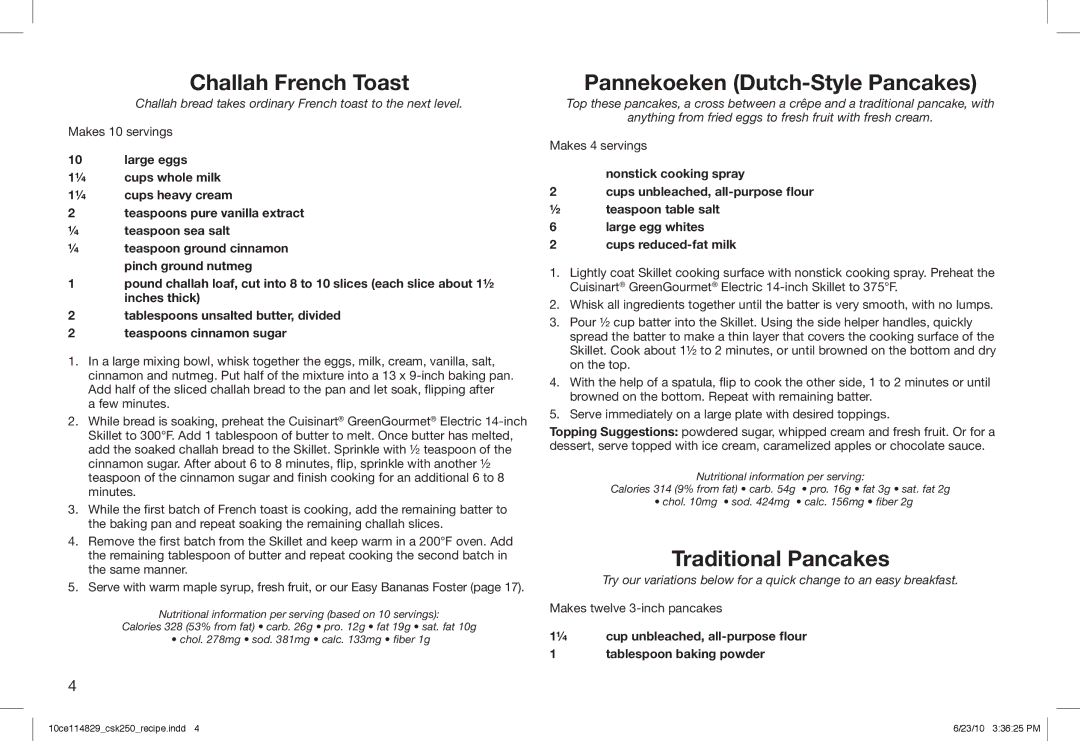 Cuisinart CSK-250 Challah French Toast, Pannekoeken Dutch-Style Pancakes, Traditional Pancakes, Tablespoon baking powder 