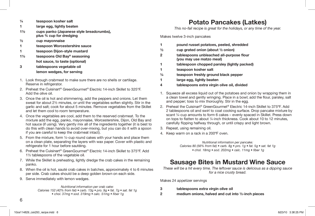 Cuisinart CSK-250, 10ce114829 manual Potato Pancakes Latkes, Sausage Bites in Mustard Wine Sauce 