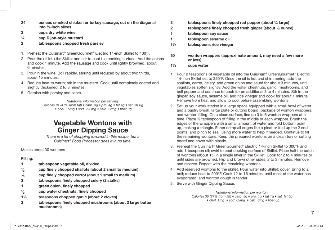 Cuisinart 10ce114829, CSK-250 manual Vegetable Wontons with Ginger Dipping Sauce 