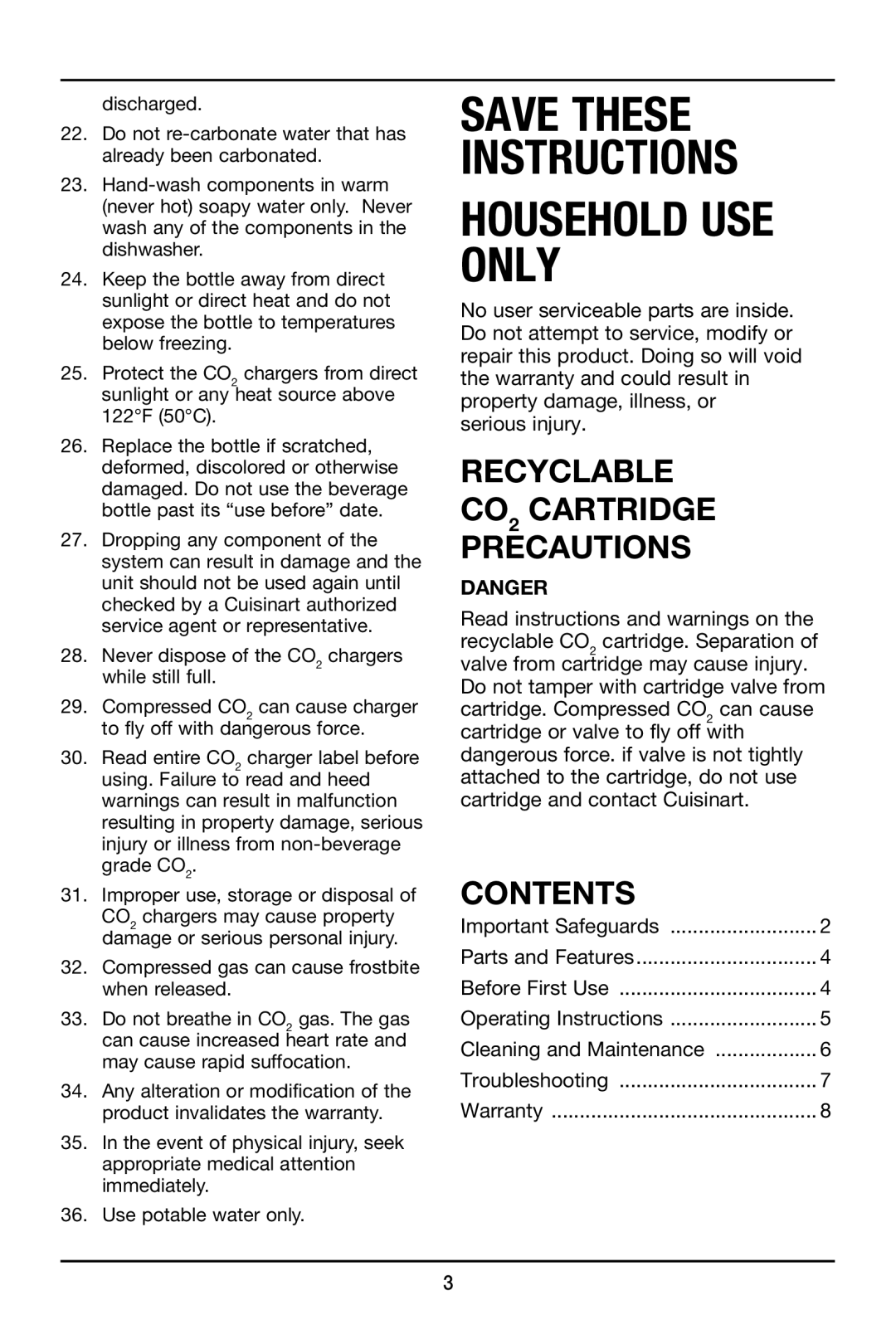 Cuisinart CSS-100 manual Recyclable CO2 Cartridge Precautions, Contents 